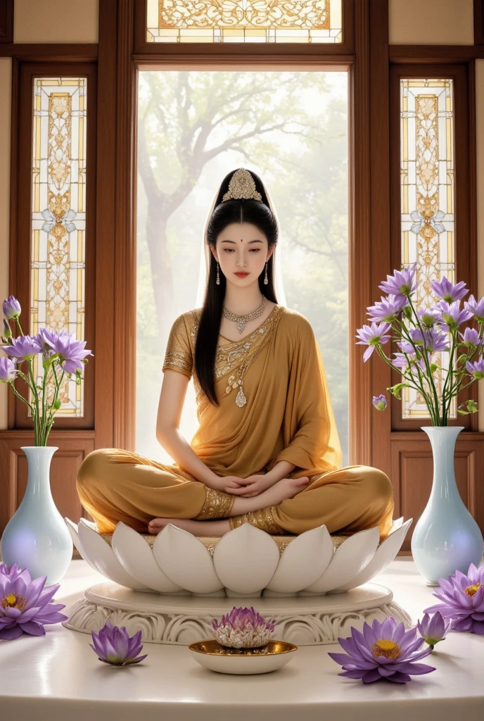 Sexy Zen beauty soaked with sweat all over sitting in a chamber meditating,(Yoga lotus sitting),(complete,Delicate and good-looking face),(The whole body is drenched in )