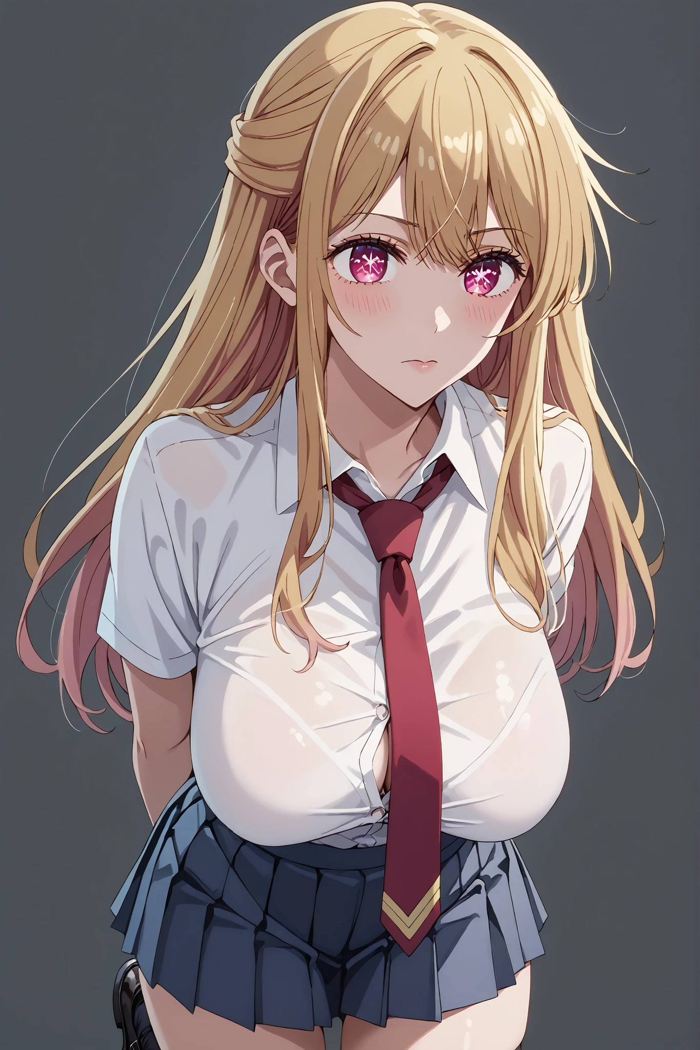 score_9, score_8_up, score_7_up, source_anime, 4K,perfect fingers,(perfect hands, perfect anatomy),prefect lighting, very aesthetic, intricate details,highly detailed background, masterpiece, high quality, best quality,
1girl, rubyhoshino, ruby hoshino, long hair, bangs, blonde hair, pink eyes, sidelocks, symbol-shaped pupils, multicolored hair, two-tone hair, Large breast,dense chest,
wearing ((school uniform, tie, black socks, black shoes, short pleated skirt, button-up top, )),,
Dark gray background, ((arms behind back:1.5)), ((front look:1.5)),((leaning forward:1.3)), ((A sagging breast)),