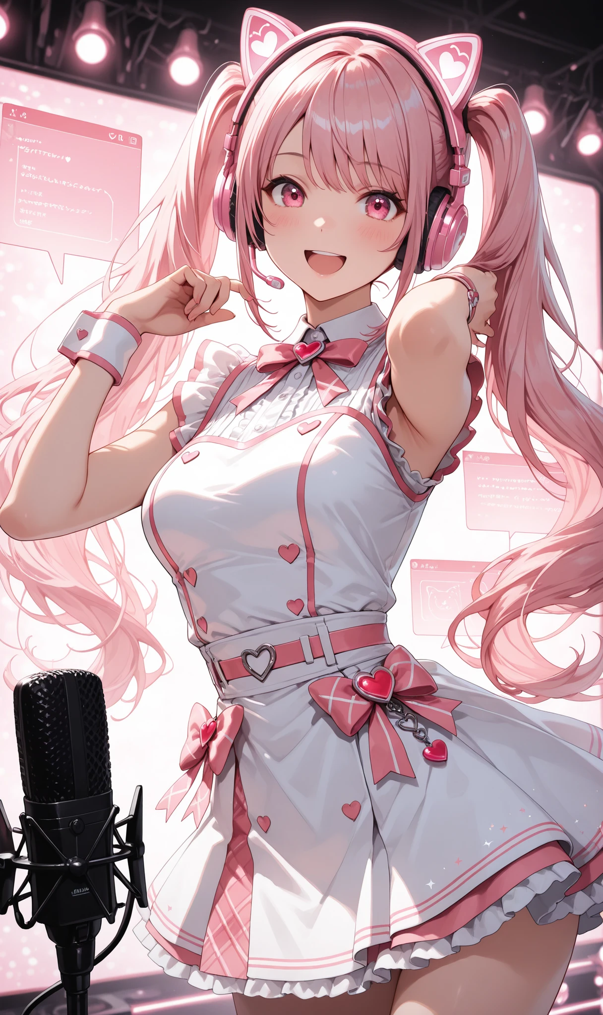(masterpiece, detailed:1.2), female virtual idol, long flowing twin tails, pastel pink hair, futuristic podcaster studio, pink and white accents, professional microphone with heart motifs, soft LED lighting, kawaii headphones, cute outfit with tech details, speaking into mic, holographic interface floating around, high-tech streaming setup, pink ambient lights, cozy and cheerful atmosphere, dynamic pose, broadcasting charm, chat comments floating on side like a stream overlay