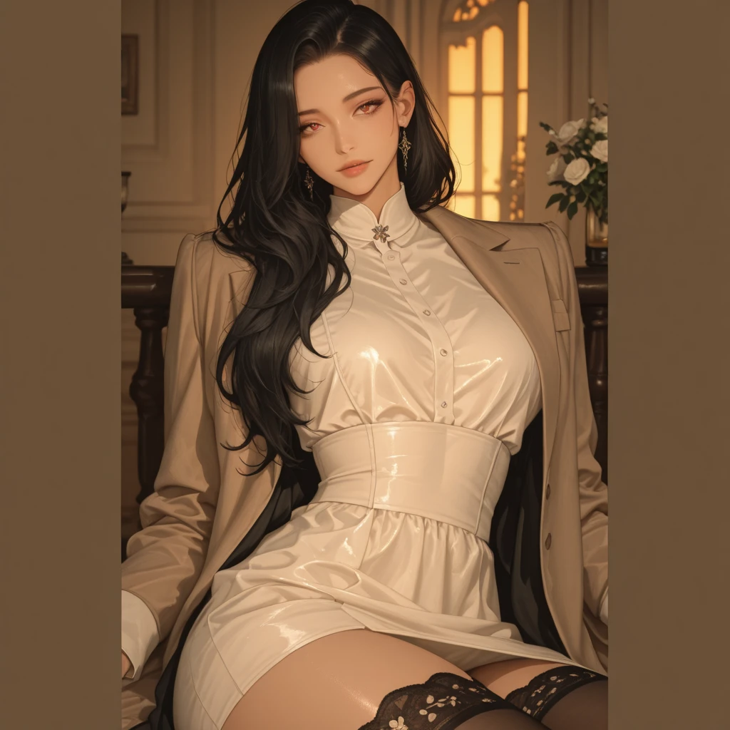 a cute femboy with a goddess aesthetic, extremely detailed face and features, black stockings and pantyhose, curvy waist, flat chest, thick thighs, dynamic angle, visible navel, standing, (best quality,4k,8k,highres,masterpiece:1.2),ultra-detailed,(realistic,photorealistic,photo-realistic:1.37)