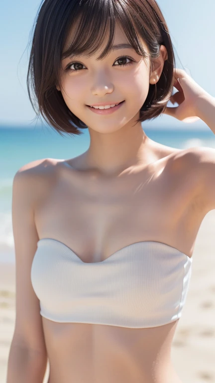 (masterpiece)、(Highest quality:1.5)、(Photorealistic:1.2)、(Surreal), (High resolution), (Realistic), (Post-processing),(Sharp focus), Sharp focus:1.2,Backlight, (Improvement of quality:1.4), Healthy thighs、(Narrow waist)、Big Ass、((Perfectly detailed five-fingered hands)),(Anatomically correct body)、((1 female:1.4))、Japanese、Realistic Skin、(Small chest:1.4)、Bust size is B cup、Pretty woman with perfect figure:1.4,(from the front:1.5), (Enhances the beauty of skin texture:1.1),No makeup、美しいBlack Hair、最高のsmile、Natural color lip、(Small Mouth:1.4)、(Oval Face)、Even bangs、Hide eyebrows with bangs、((29-year-old woman))、Bob Hair、Hair blowing in the wind, (Black Hair, Iris, Watery eyes, Shining Eyes, Bob cut hair, Small earrings,), Hair behind the ear、No makeup、(Drooping eyes)、Drooping eye corners、Photos taken by a professional photographer,1 girl, かわいいsmile,whole body、(((One lovely woman)),((優しい大きなsmile)),(( Small breasts,Small breastsの谷間)),((((Plump Cheeks)))),((whole body:1.5))(((I'm laughing out loud:1.5))),((((Photorealistic:1.4))),((((whole body写真))),(The body is slim)),((Lens flare),(Narrow waist)),Standing Random Pose, smile, Natural Breasts, Perfect lighting, (Mysterious), Clear and detailed,(tropical beach background)、(Dynamic Stylish Pose 1.2)、(With cleavage 1.2)、(thin legs 1.2)、(delicate, Plump and moisturized lips)、(Strawberry Theme)