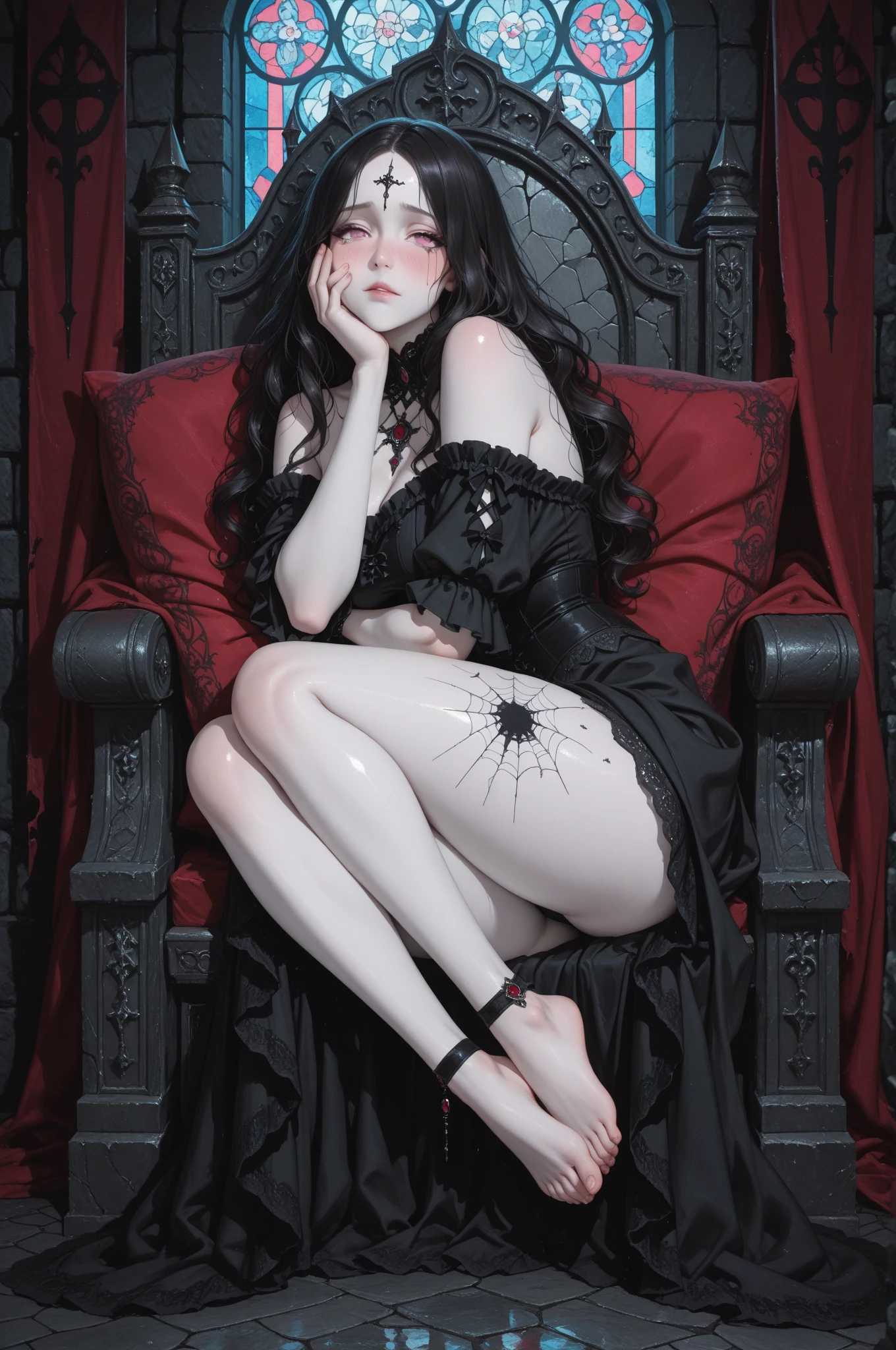 ((Лучшее качество)), ((шедевр)), (подробный), elf, vampire, black medium hair, gothic clothes, gothic, yellow eyes, blank stare, tall, medium hair, short bangs, pale skin, gothic style, blood, background of many bloody roses, lies in roses, bloody background, gothic aesthetics, plump lips