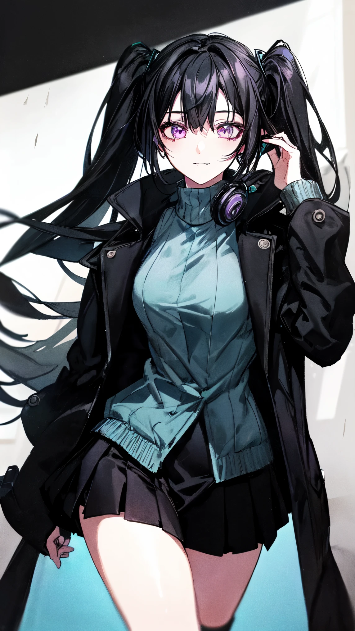 girl wearing tight turquoise sweater, thick shiny black coat, big headphones around neck, cyber fashion style, black short skirt, , thin black coat, black hair, super long hair, hair past the calf, thick hair, straight bangs, perfect face, miku hatsune face, beautiful eyes, purple eyes, music note shaped hair clip, hair flying in the wind