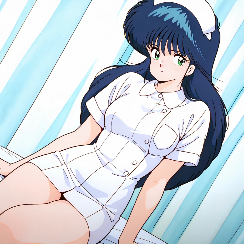 NSFW, masterpiece, (best quality: 1.2), long hair, blue eyes, green hair, worns, big breasts, evil_smile, sexy, ((NURSE)), red lipstick, fishnet stocking, woman on all fours in bed, rear view