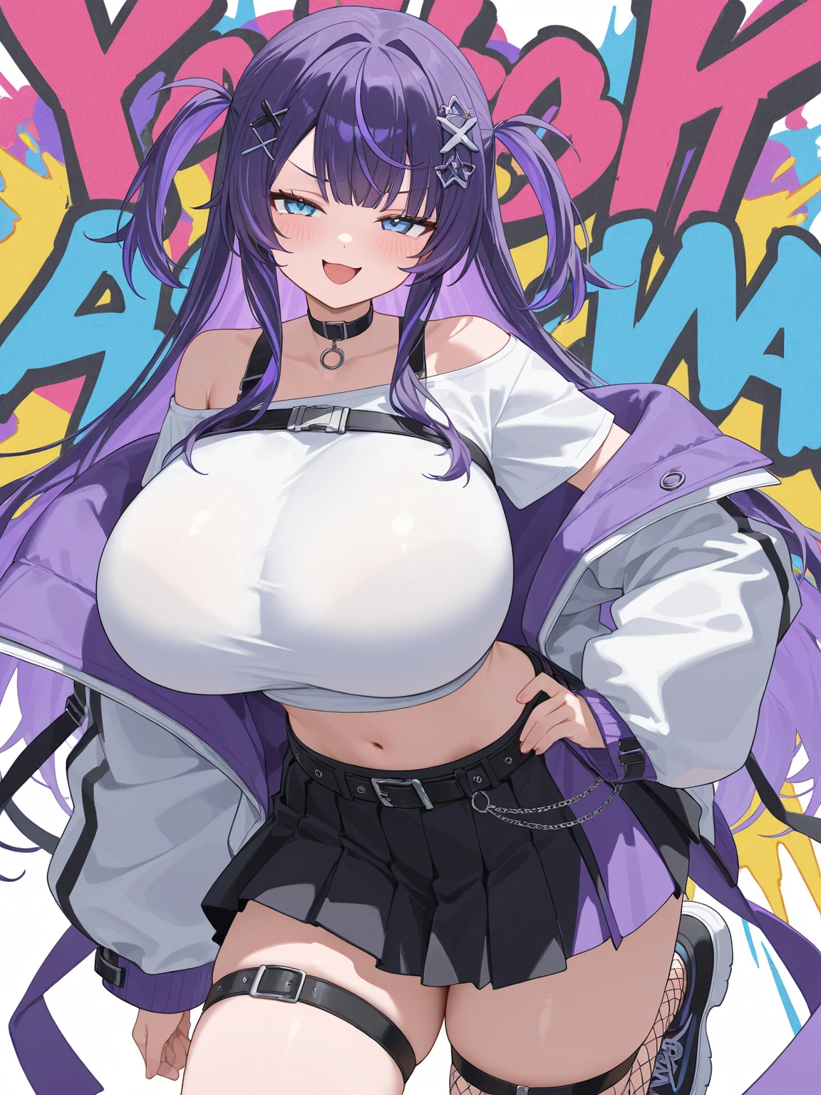Wolf Girl, Large Breasts, Voluminous purple hair, masterpiece , Red eyes, hd, Thick thighs, Head to Chest, buried in my chest、Underboob、Double teeth、tooth、Sleeveless shirt、Cheerleader、Chubby、Grinning