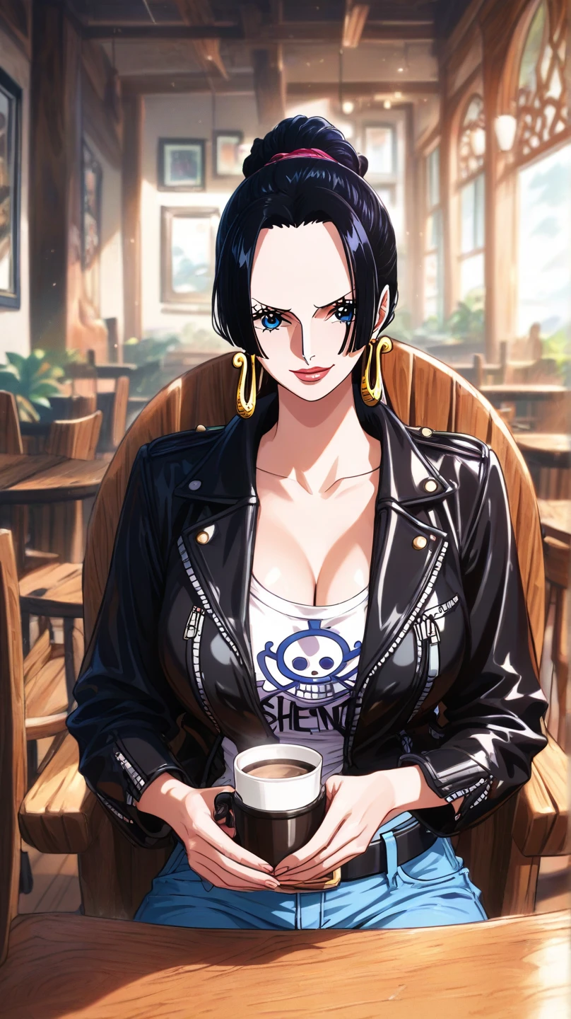 melhor qualidade, Mulher de olhos vermelhos com cabelo longo, middlebreasts, Top Black Medium Belt Black Bright Red Eyes, cabelo preto, colar, pose fofa, colarinho preto, high black pants, angry expression, respingos de sangue, pose lateral, batom vermelho na boca, dentro de um navio, em alto mar, mar atras, Olhos vermelhos, cabelo longo pretos, olhos vermelhos brilhantes, pirata, navio de pirata, archaeologist, colar, bracelete, usando oculos de sol vermelho, Sensual pose pose for photo Nico Robin Cobra with good yellow scales Hancock Yellow Snake having a cup of coffee