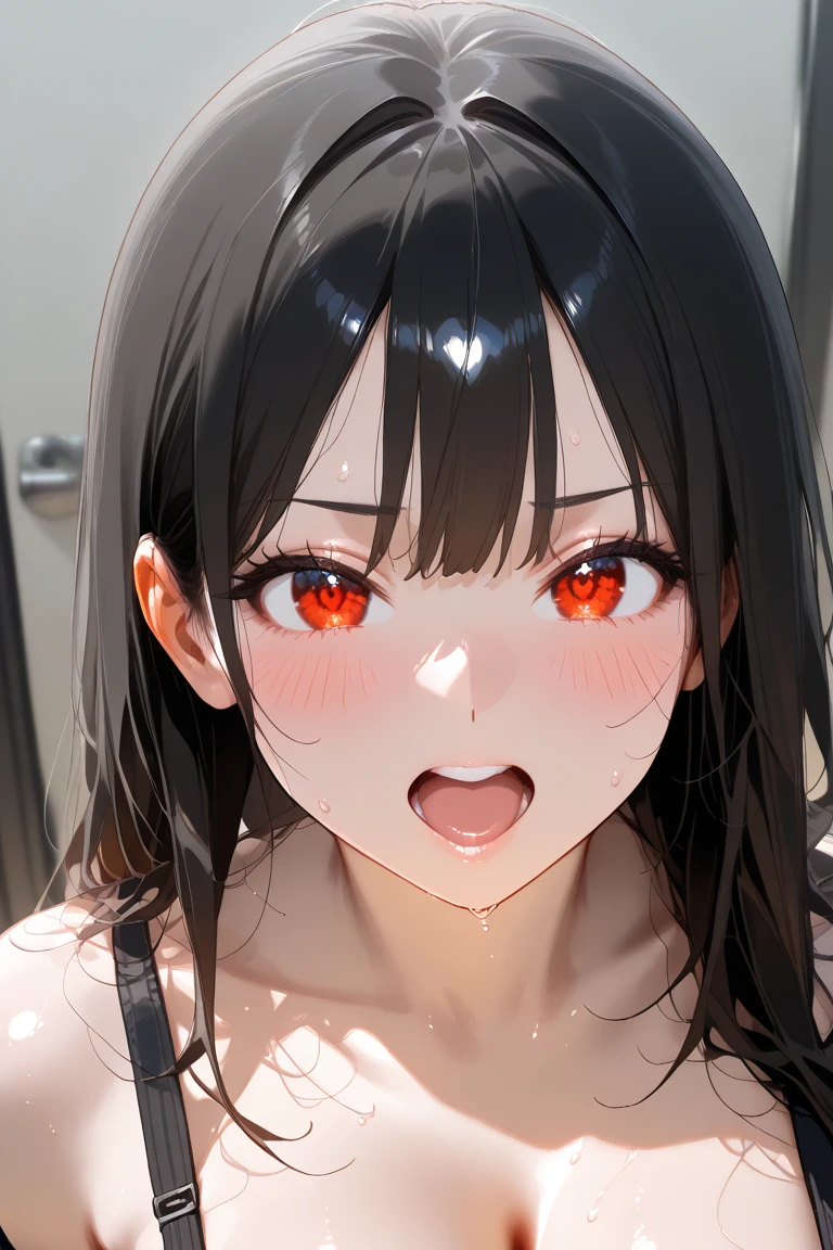 {{Super detailed}},{{{masterpiece}}}, {{{Highest quality}}}, {{Beautiful face and eyes in every detail}},{{Highly detailed skin}},Professional Lighting, Physically Based Rendering,4K,8K,Japanese Idols,very cute, Break 1 Girl, jtfmob, Hello, Hair above the eyes, Black Hair, Long Hair, (half close your eyes,Red eyes:1.2), Ripping wet clothes,Swimsuit, One piece swimsuit, latex,close your eyes,smile,Embarrassing,Apply blush all over the face,Leaning forward,Place your arms between your legs, Breaking the front view,Backlight,Cowboy Shot,View your viewers,School swimming pool,Poolside,(vapor,Very wet,Glowing Skin:1.2),