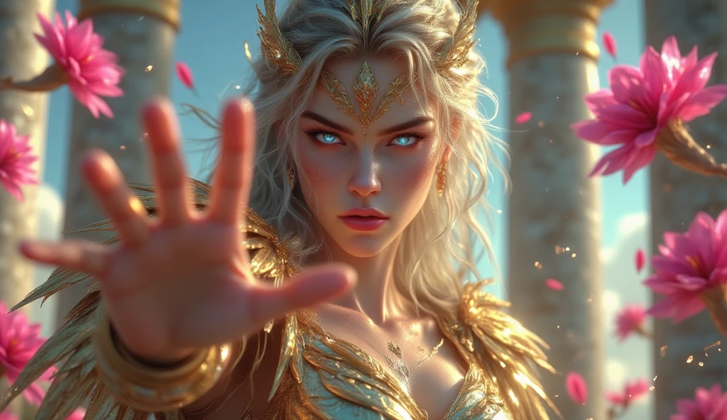 a close up of a woman in a costume with a helmet on, michael whelan and karol bak, huge armies, in style of anne stokes, artificial intelligence princess, elvish blonde male warrior, wearing an elaborate helmet, art foreground : eloy morales, brass woman --auto --s2