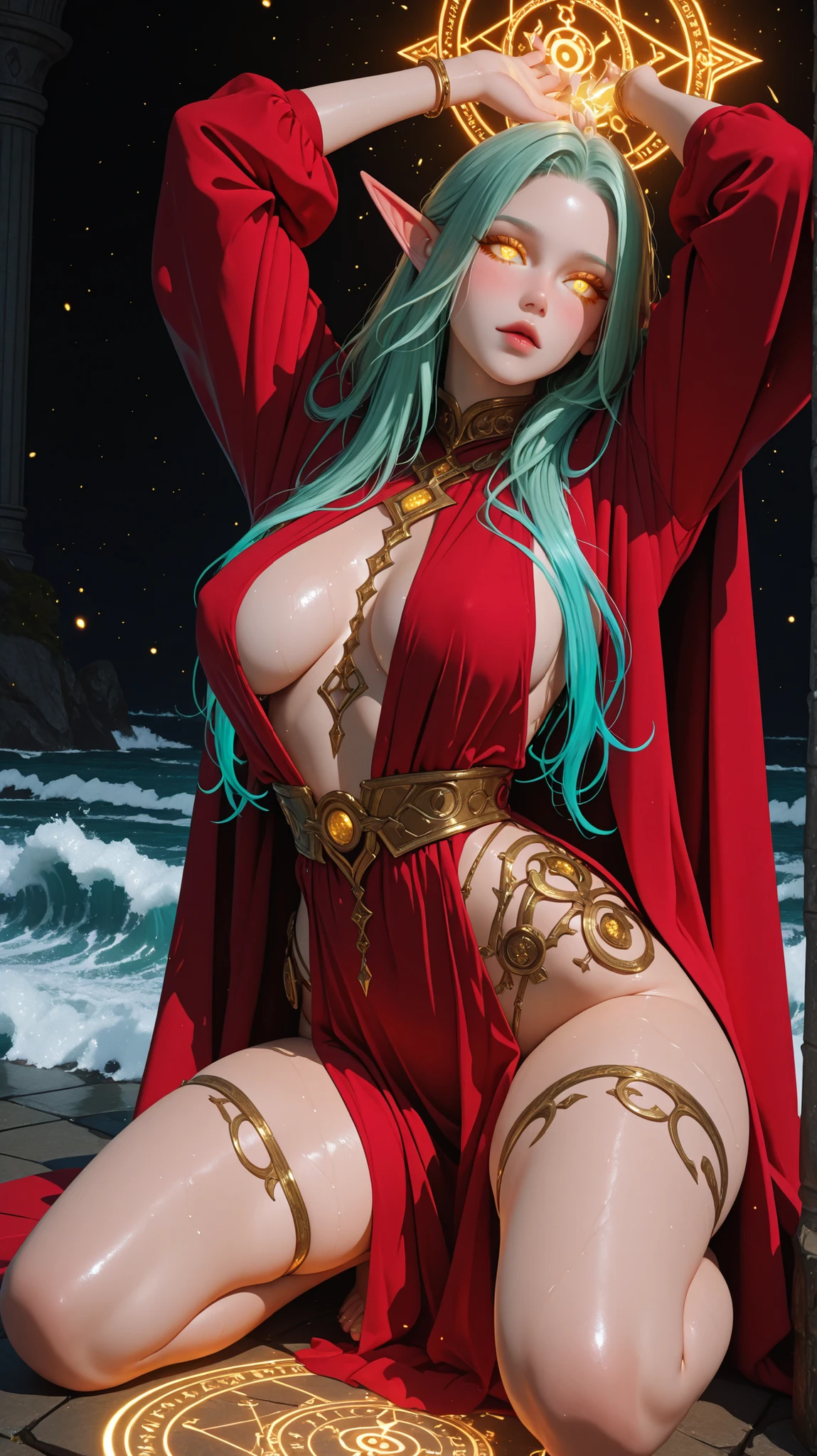 extremly detaled, dynamic sexy pose, bare feet, detaled feet, feet focus perspective,goddess, shine gold  heavy armor with red finish, long white hair, red cape and scarf, midget, gold hair clip, big tits, bra