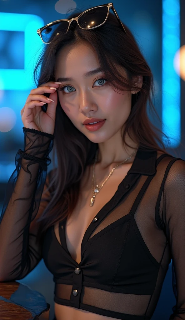 1girl, (uniform), standing, outdoors, night view, detailed Metropolitan city at the background, (above head shot: 1.4), detailed face, detailed eyes, brunette, big breasts, smooth realistic skin, semi-curvy body, black latex tanktop, black short latex skirt, looking at the audience, (8k, RAW photo, best quality, masterpiece: 1.2), (realistic, realistic: 1.37), ultra-high resolution