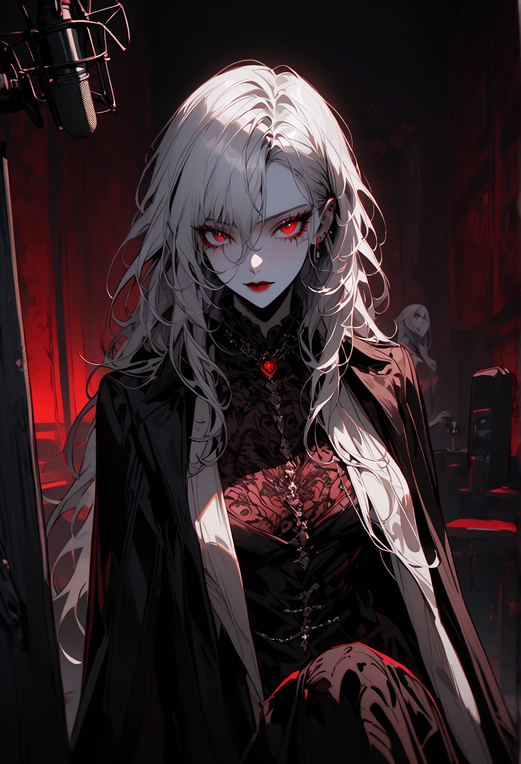 (masterpiece,Highest quality), solo,A white-haired woman is holding a candle,Anime Skull Woman Portrait,Beautiful Necromancer girl,Beautiful girl necromancer,,Smokey, Flowing white hair,Critical Eyes,Pale skin,Black eyeshadow,Black blood and tears,Two fangs exposed,Gothic Girl Anime Characters,Beautiful Necromancer,gothic fantasy art,Dark fantasy art, White-haired God,Retrato de um Female Necromancer,Female Necromancer,Goddess of Death,Dark atmosphere lighting,The light shines,Mysteriouagic,Edge Light, (Blood splatter:1.5)