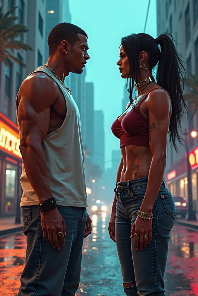 Pornstar Fusion, full body bodybuilder, dj, rapper, multimillionaire, Famous, masculine, disease, eyes, tough man, 1,85cm and 120kg of pure muscle 8% body fat , Silver chain with gold diamonds., Rolex luxury watch, 8 pack abs, You can see a big bulge in his pants, revealing his big XXL penis that he hides full length, 25 cm, in tight jeans and Everlast shoes in front of two women with amazing bodies. , two beauties, who look at the handsome man with desire, His hands love muscles. The two women are passionate in leather and boots. Background on an old street in Tokyo full of vibrant neon lights illuminating the numbers and signs of the shops. The Chi