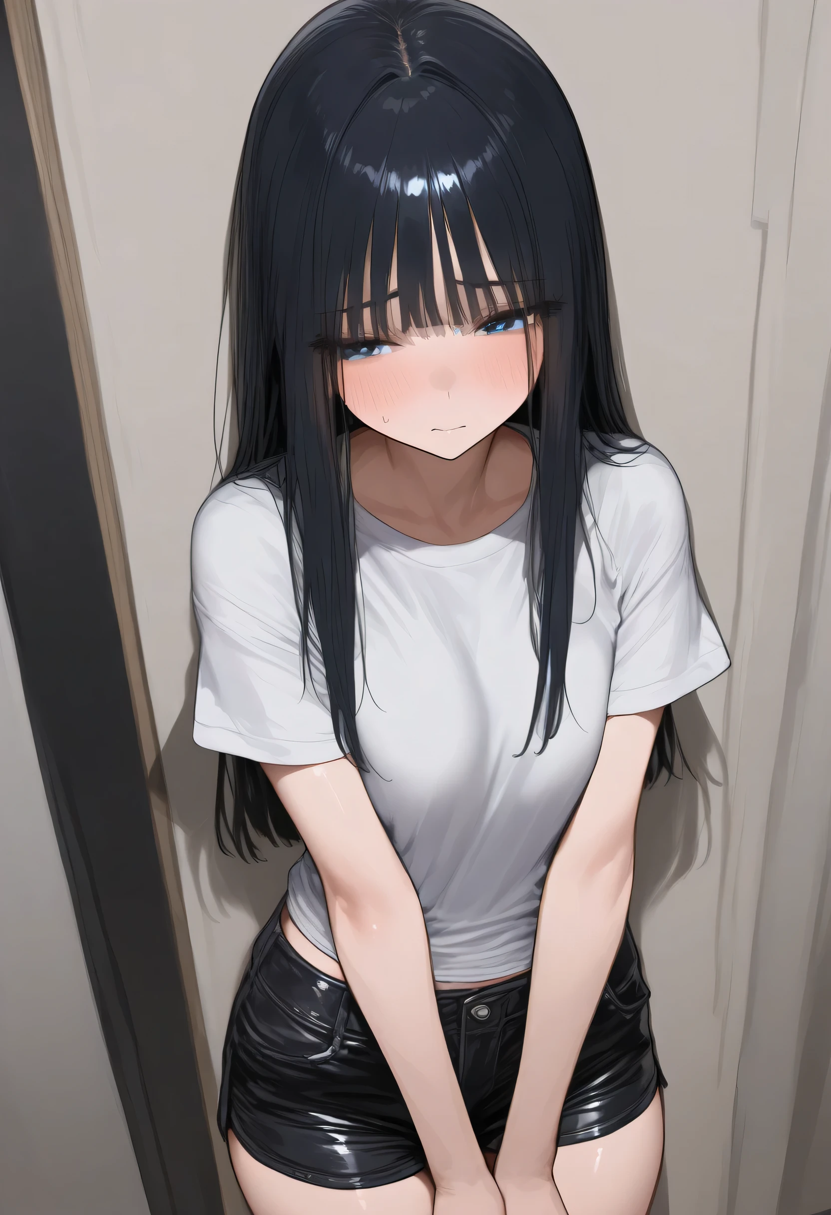 Very sexy girl, wearing tight short t-shirt and shorts, looking shy with long black hair and blue eyes.