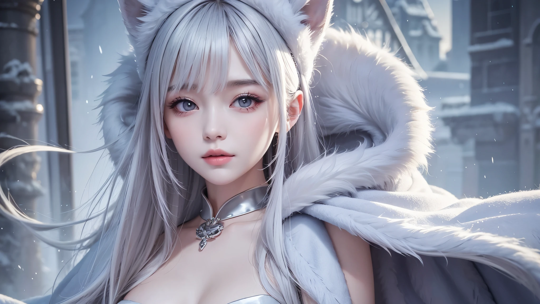 Snowy mountains、White Wolf、 ((highest quality、masterpiece、8k、Best image quality、Ultra-high resolution、Award-winning works)、(Accurate anatomy:1.1)、(Look at me and smile:1.1)、Shining fair skin with Ultra-high resolution、The most detailed face、Ultra-high resolution detailed face、Short, flowing white hair 、Beautiful face drawn in every detail、(Blurred Background:1.1)、 Inuit fur clothing, Chest to chest, A real wolf next to a girl 