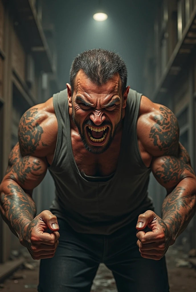 man, hot, handsome, wide jawline, big nose, green eyes, dark circles, black tank top shirt, evil eyes, bandit, villain, robber, psycopath, veiny hands, veiny arms, big hands, tanned body, dark blonde hair, buzz cut, big wide mouth, very thick upper lips, square chin, shaved.