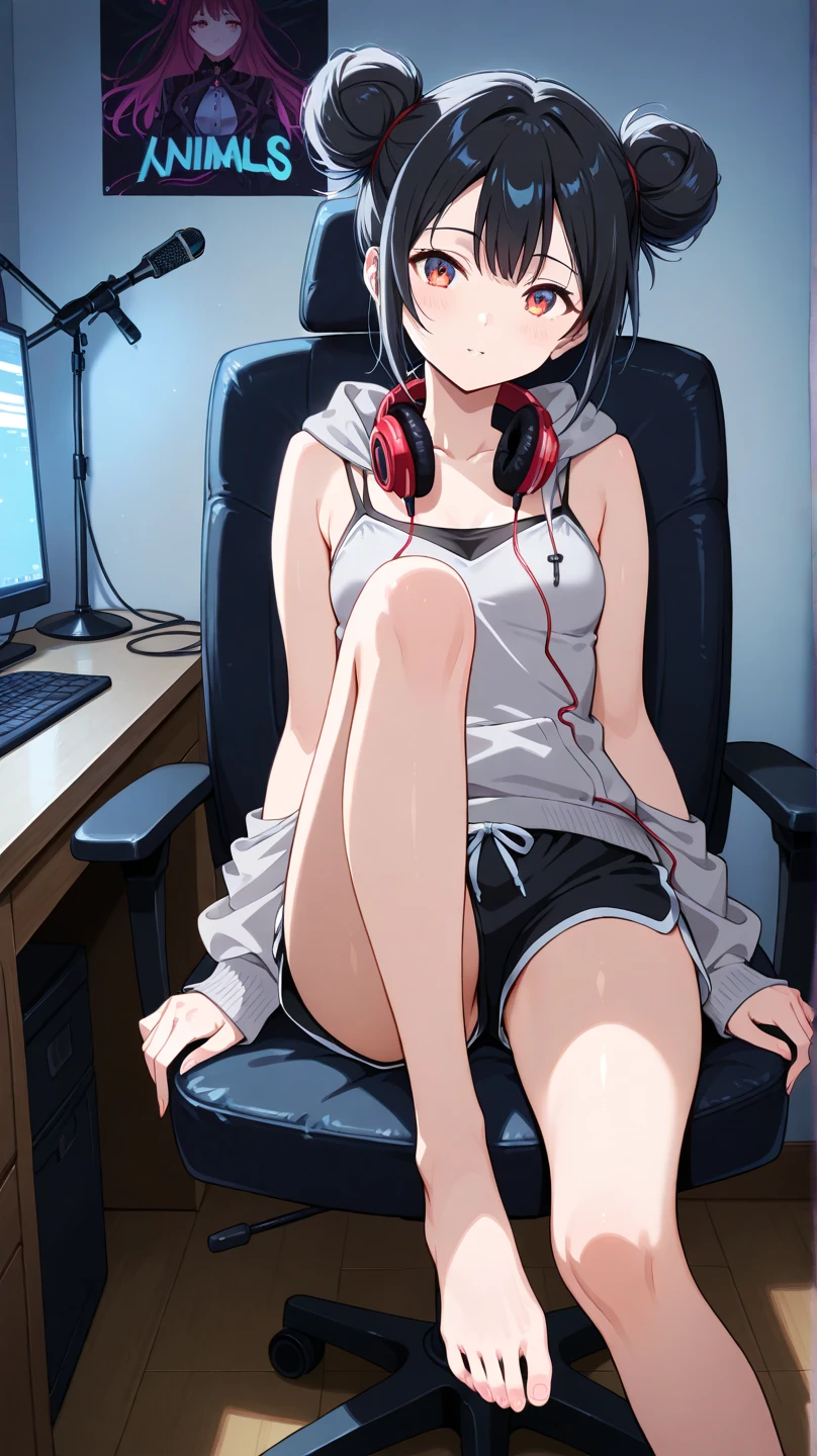 One Woman、beautiful girl、Sit on a chair、Big glasses、Dark Room、computer、Sit in a gaming chair、High-end headphones、Grip the game controller、computerに向き合う、beautiful girl, Highest quality, Tight T-shirt、Tight T-shirt、Game Geek、Thick thighs、Big 、Big Ass、Black Hair、long hair、Bangs、Sweaty body、I'm sweating all over、Lewd sound effects、Excited、Stripes々Panties、Play naughty games