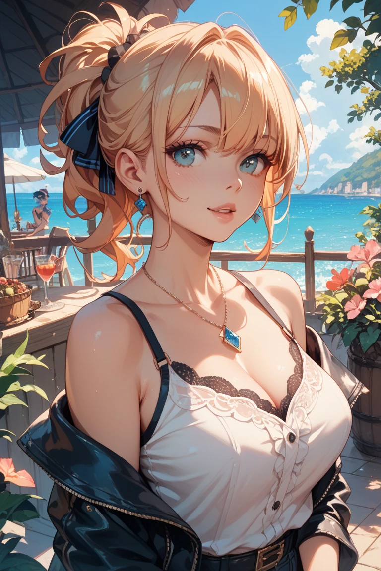 (beautiful body), (solo:2, 18 yo, straight bronde hair hair long hair cool girl, sexy make up face, big tits), (in a Elegant beautiful detailed Dress), break, in the evening Trattoria, background beautiful ocean, BREAK, perfect anatomy, masterpiece, best quality, 16k, beautiful detailed love, sexy, daydreaming expression.(link:1.5), legend of zelda, GS-womanly 