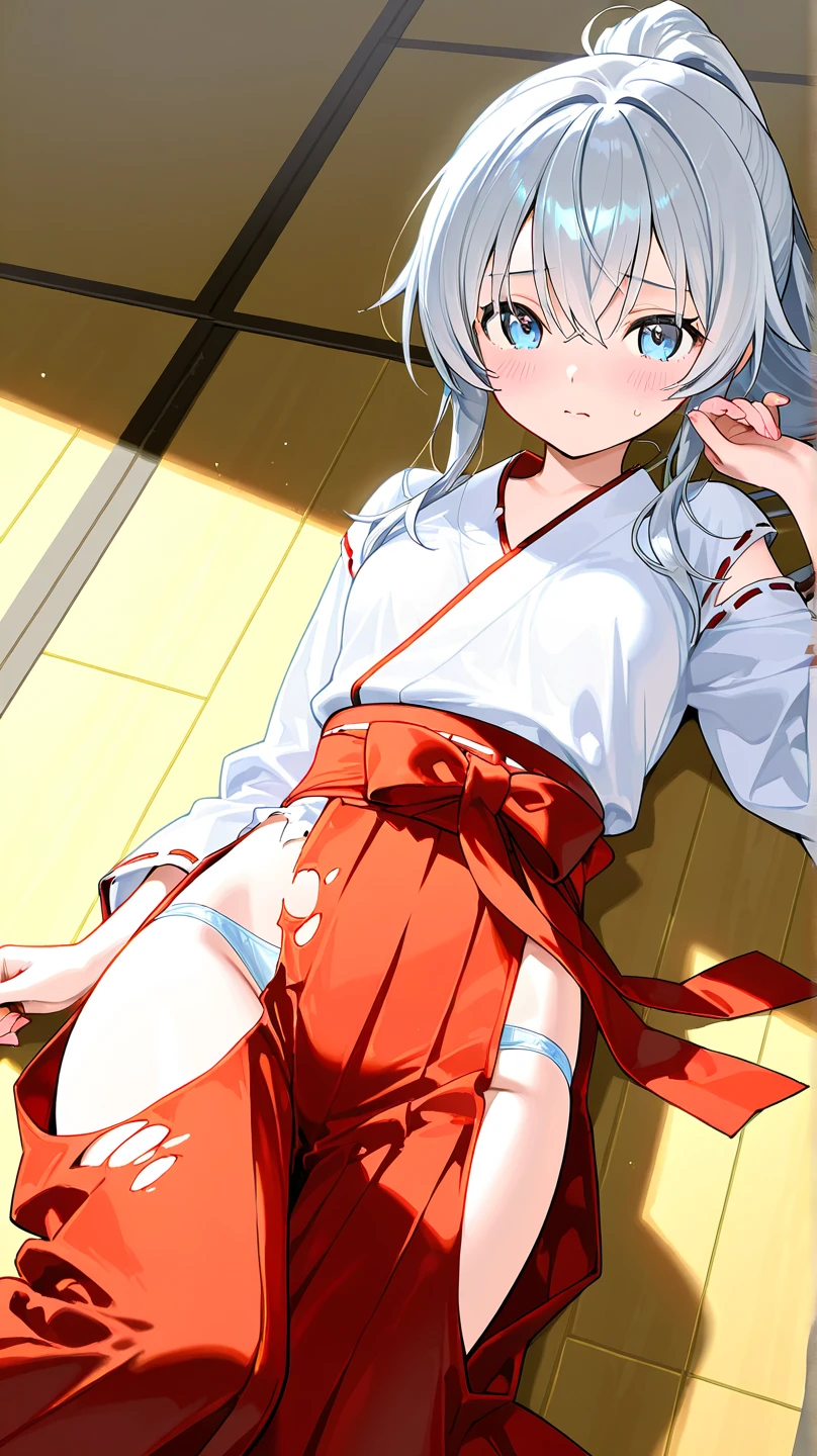BREAK Perfect Anatomy、Highest quality、(High resolution:1.2)、Unbelievably absurd:1.3、Incredible illustrations、(Cute illustrations:1.2)、(Beautiful background,classroom)、1gial(Silver hair, blue eyes、Bobcut(child,(a girl, , height 1.3meters, 30kg),,10-year-old,flat chest、dark skin:1.5)(flat chest)(Shrine maiden costume,stockings)(story,dutch angle,cinematic angle)