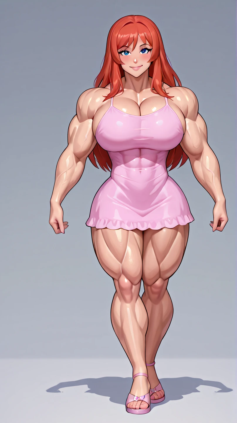 score_5_up,score_6_up,score_7_up,
 1girl, solo, standing, shy, blush, wearing (taut white dress), side_slit, muscular female, large breasts, thighs, long hair, red hair, curly hair, green eyes, skindentation, covered navel