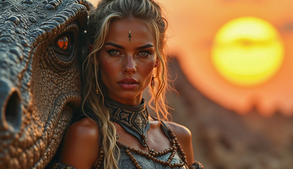 a 30 year old blonde woman; chatain fort portrine, with three eyes, in desert, with people walking around, sunset