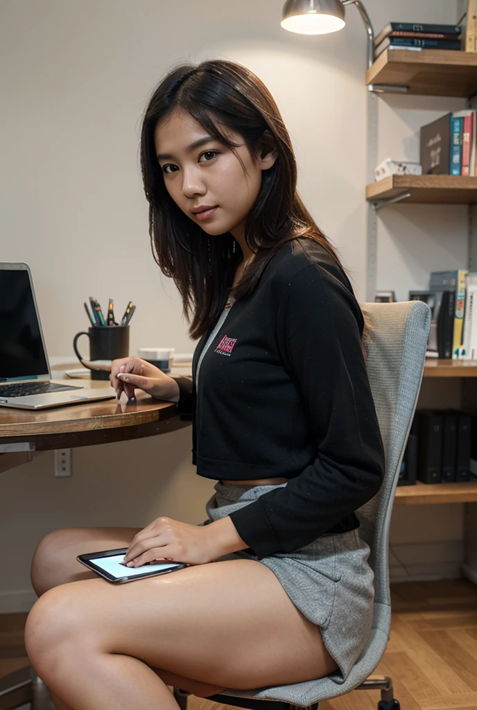 A petite Thai girl with white skin, single eyelids, red lips, long straight black hair, she wore pink underwear and a faded denim jacket. She sits in the office. Wearing a short black skirt with white polka dots. and showing off her beautiful legs The artwork is of the highest quality with 1080p resolution, realistic style, and bright colors. The lighting creates a professional atmosphere in the office.