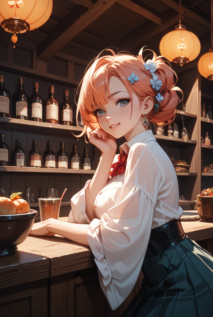 young girl, red hair in a bun, blue eyes, Chinese sleeveless dress, Shorts, A tray of food, Cheerful smile, open mouth, Masterpiece, high qulity