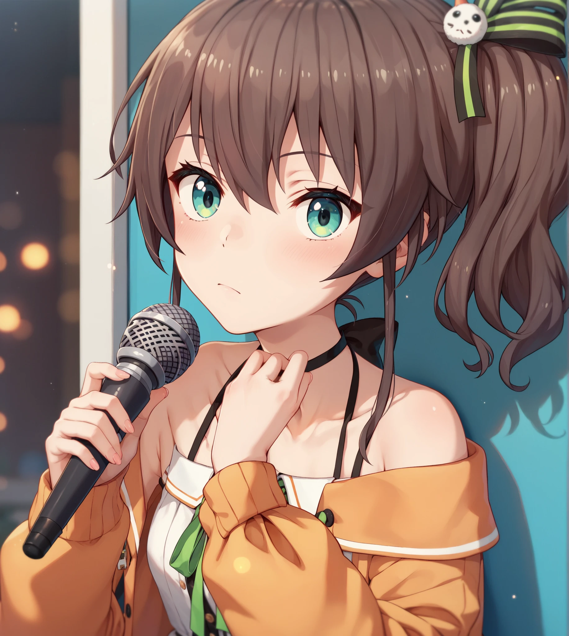  Namatsuri, 1girl, staring at the viewer, Sitting, SCORE_9, SCORE_8_UP, SCORE_7_UP, talking in front of the「summer color festival」。talking in front of the stand microphone which is broadcast online。In the room where the computer is located。