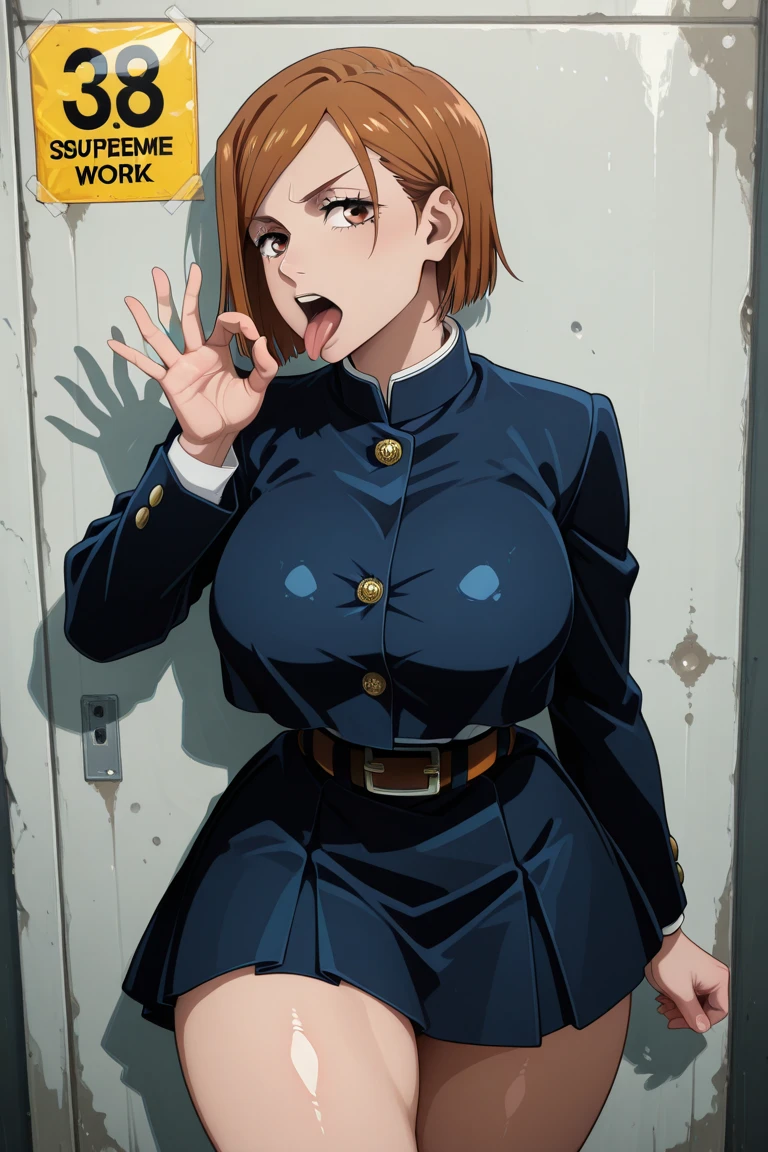 1 Anime girl in school costume posing seductively to the camera, grab chest, hand on chest, beautiful face, (big tits, big butt, curvy), (chest groping, tight chest),