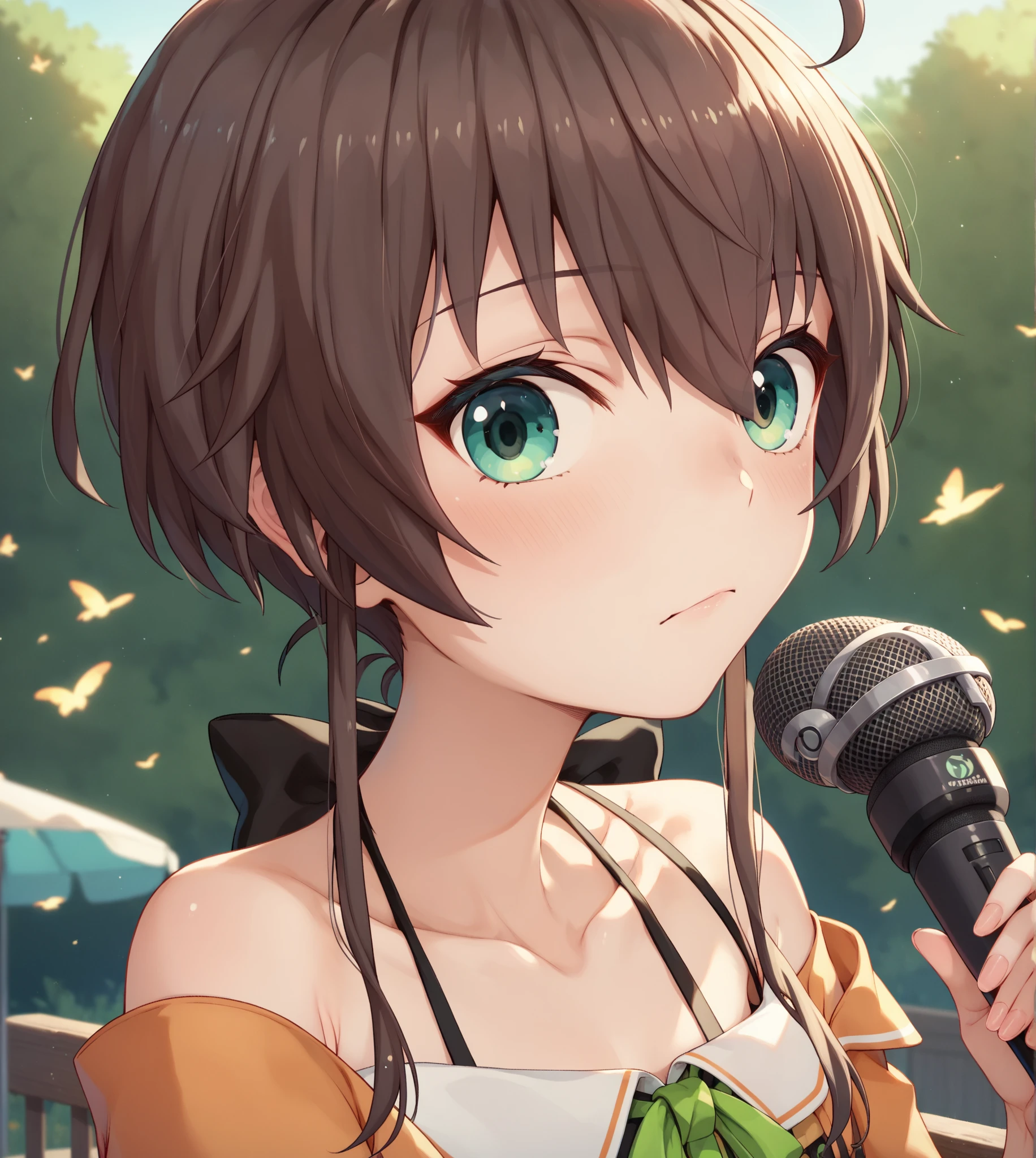  Namatsuri, 1girl, staring at the viewer, Sitting, SCORE_9, SCORE_8_UP, SCORE_7_UP, talking in front of the「summer color festival」。talking in front of the stand microphone which is broadcast online。In the room where the computer is located。