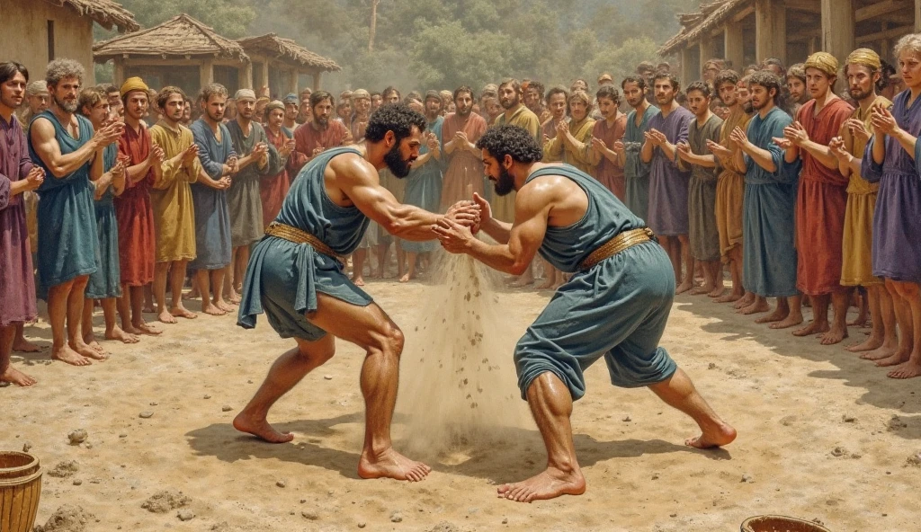 Dois homens persas grandes peludos barbudos fortes e malhados em pé de cuecas brancas lutando no Sandy ground, with other men in their underwear around, in a courtyard completely walled with a white wall, Sandy ground, a big tree in the background. Two boys sitting on the wall watching. 