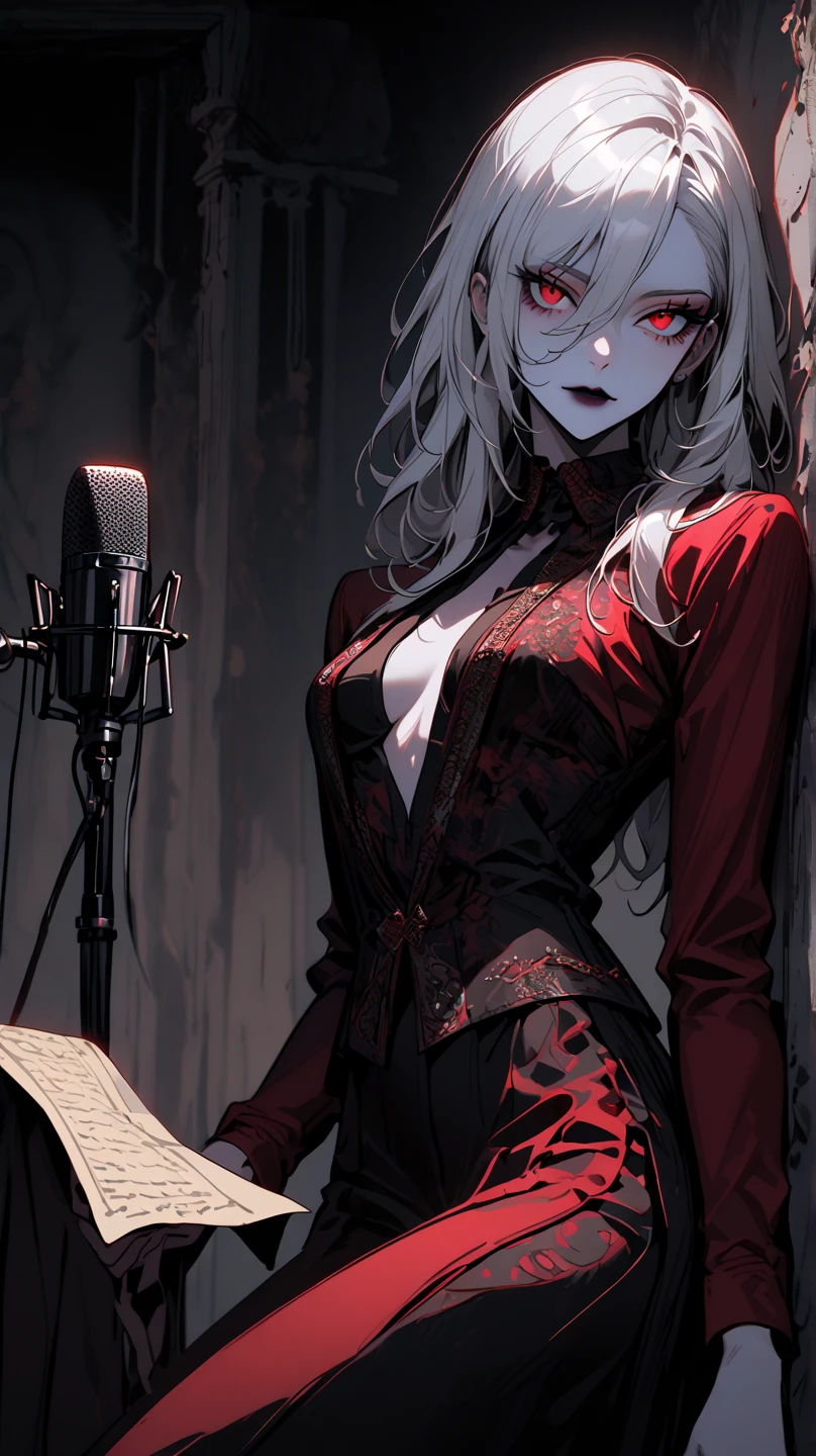 1 woman only, single woman, ancient vampire, , old parchment-colored skin, worn out in some places and thick in others, ojos rojo oscuro, long silver hair, thin but strong, ~5'8, ~120 pounds, not dead, Seductive presence, hard to ignore or resist, elegant, Luxurious yet simple clothing, Talking into a studio microphone recording a podcast  