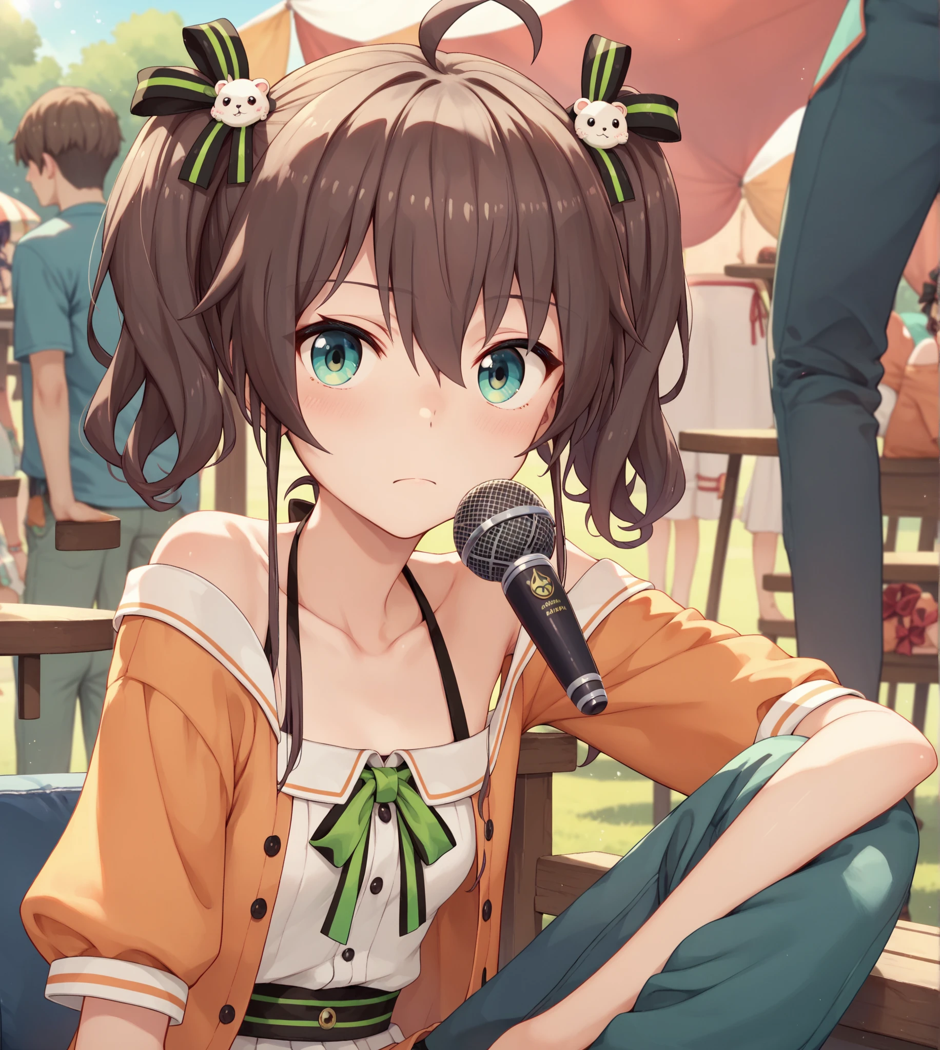  Namatsuri, 1girl, staring at the viewer, Sitting, SCORE_9, SCORE_8_UP, SCORE_7_UP, talking in front of the「summer color festival」。talking in front of the stand microphone which is broadcast online。In the room where the computer is located。