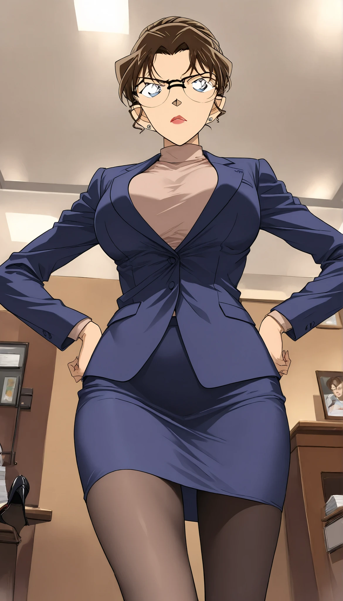 score_9, score_8_up, score_7_up,meitantei conan style,BREAK,1girl,solo,mature female,milf,lawyer,kisaki eri, glasses, hair bun, single hair bun, brown hair, earrings, jewelry, lipstick, breasts, large breasts, medium breasts,BREAK,closed clothes,(suit, tight Skirt),(black panties,thong, black garter belt,black garter hose:0.7),high heels,BREAK,angry,contemptuous,disdain,glare,standing,hands on hips,BREAK,indoor, reception room,cowboy shot,front view,below view,POV