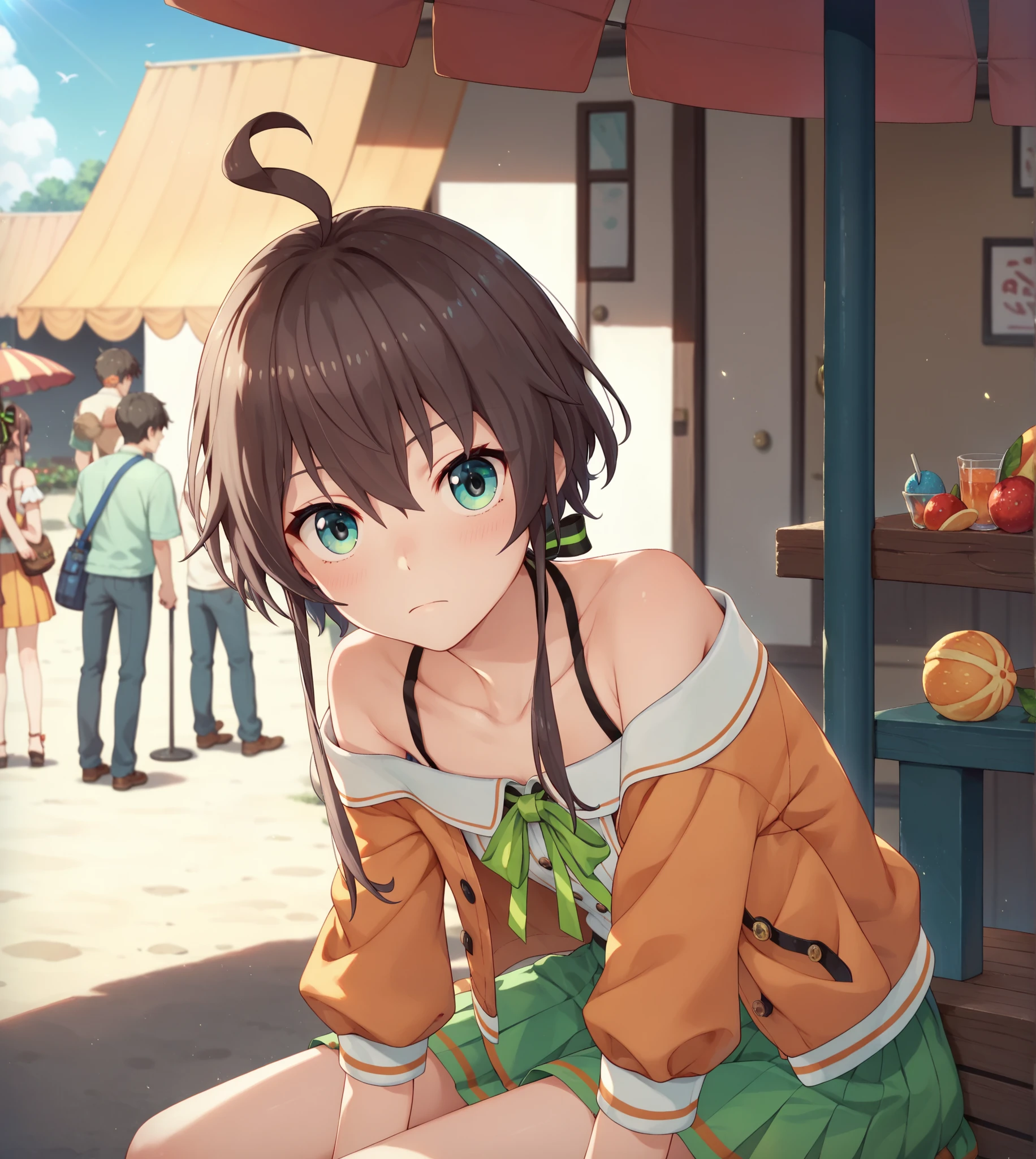  Namatsuri, 1girl, staring at the viewer, Sitting, SCORE_9, SCORE_8_UP, SCORE_7_UP, talking in front of the「summer color festival」。talking in front of the stand microphone which is broadcast online。In the room where the computer is located。