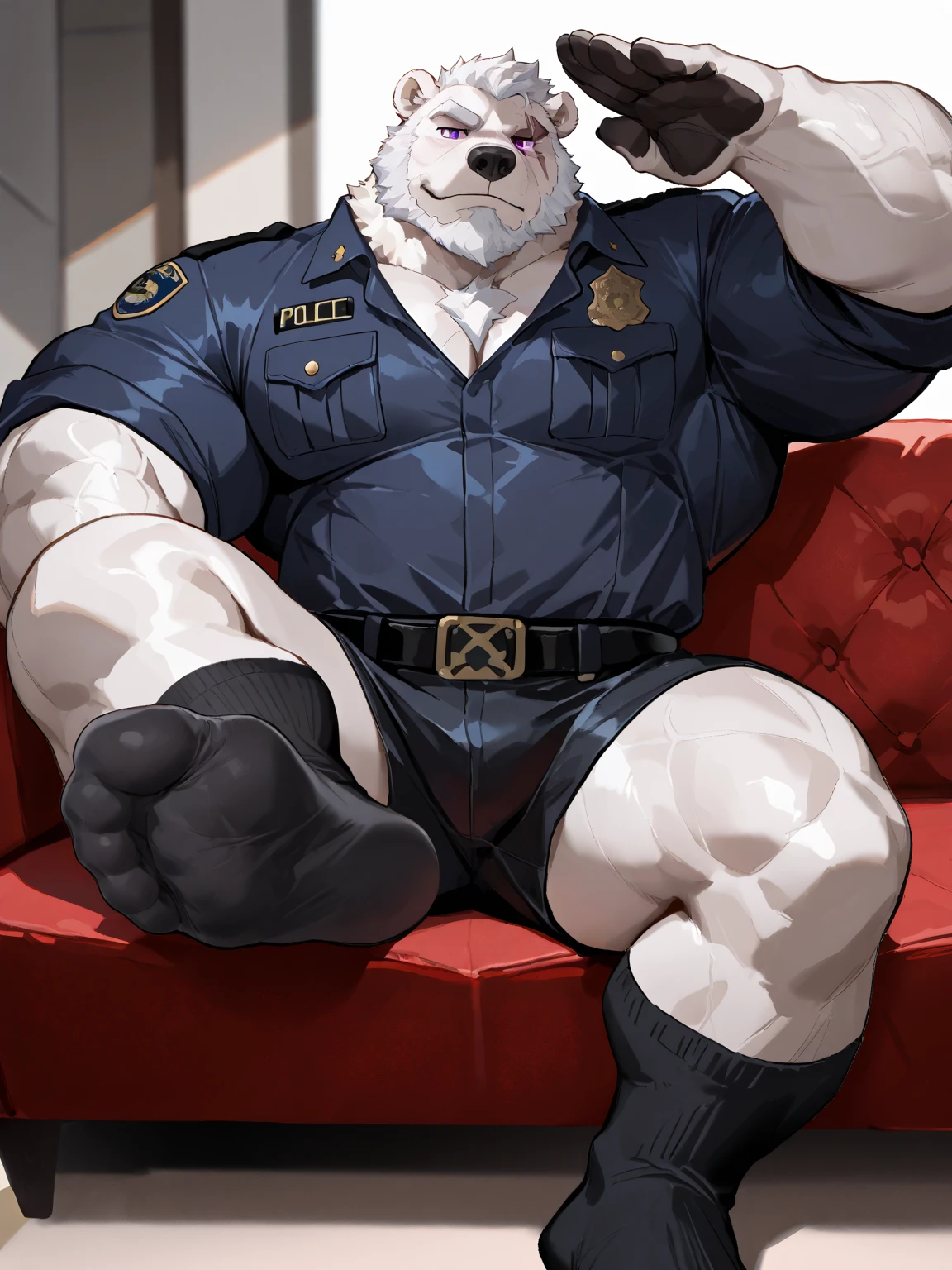 (masterpiece),(Very detailed),(best quality),hairy,polar bear,(((white fur:1.5))),Light blue pupils,black beard,Lipid muscle,Black-rimmed glasses,(police hat:1.2),((tie:1.4)),(((topless:1.5))),(((White briefs:1.5))),(blush shy:1.1),(white socks:1.5)(in the bedroom,Fallen leaves drifting in from the window,floor,躺在floor上),(Very detailed),8k,(super high quality)((No tattoos:1.4))