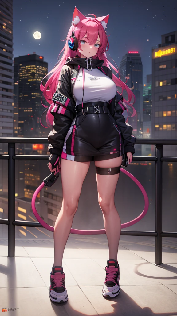 1girl,detailed skin,braided pink hair,small breasts,black thighhighs,oversized sweater,high heels,(sassy pose:0.8),cyberpunk,volumetric fog,
