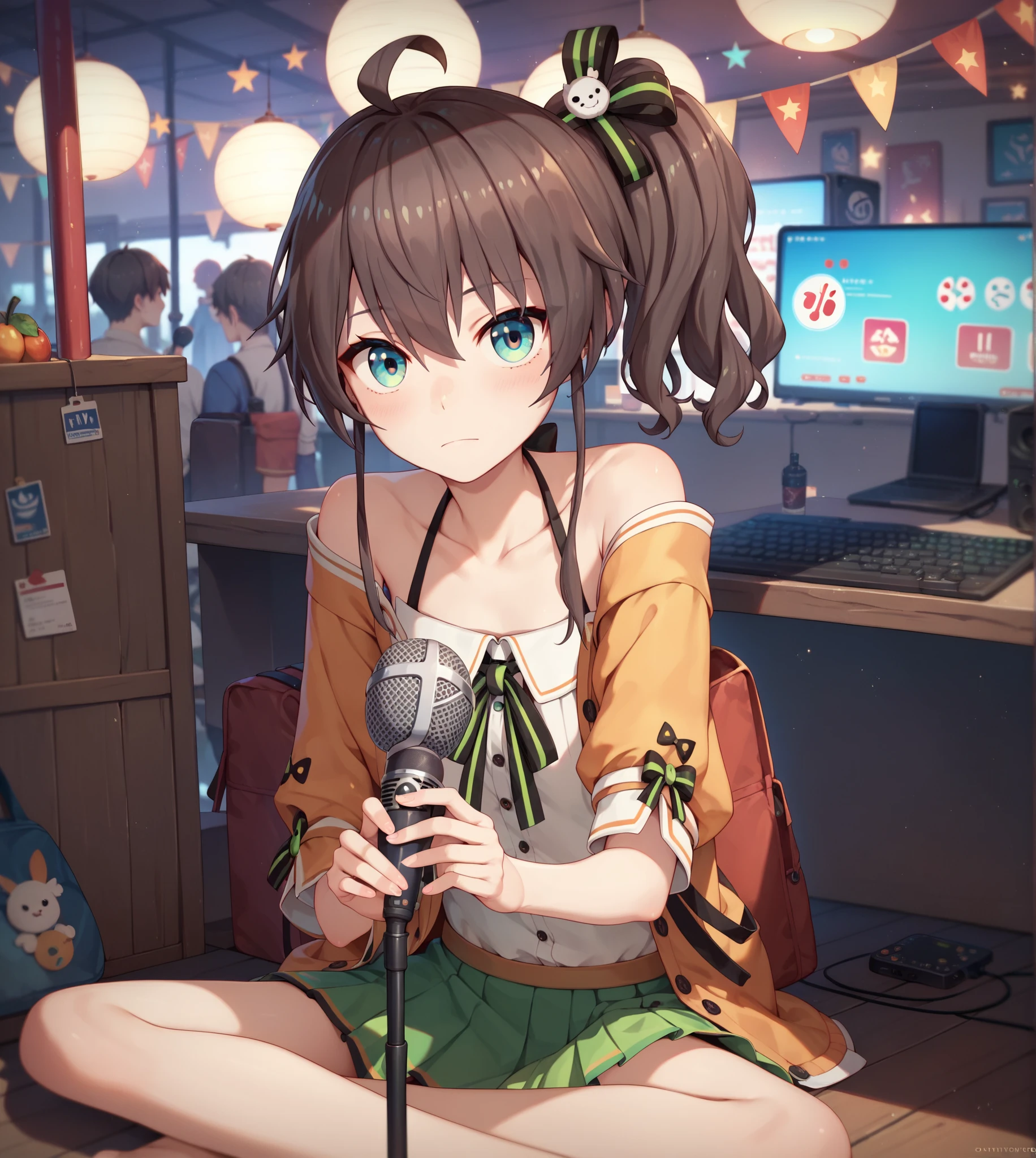  Namatsuri, 1girl, staring at the viewer, Sitting, SCORE_9, SCORE_8_UP, SCORE_7_UP, talking in front of the「summer color festival」。talking in front of the stand microphone which is broadcast online。In the room where the computer is located。