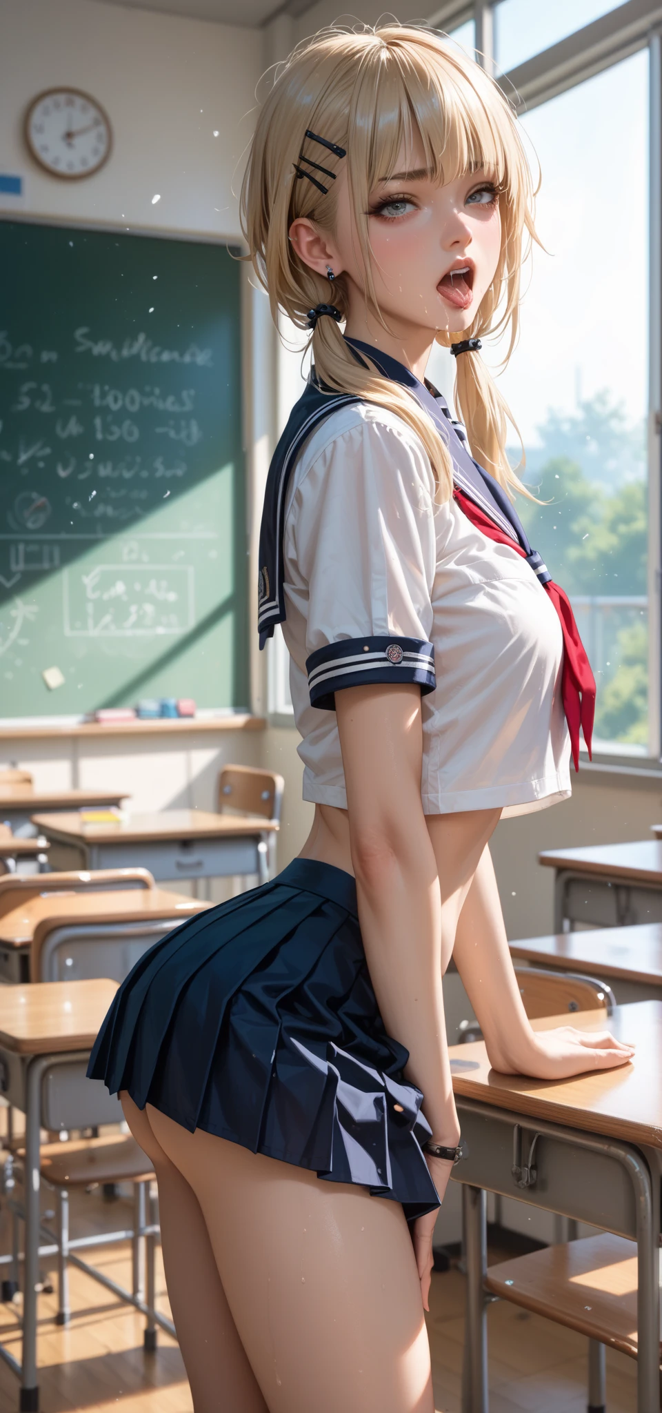 masutepiece、Best Quality、超A high resolution、8K、Professional Lighting、Photon mapping、Teleportion、analogue、handdraw、Anime Face、NSFW、1girl in、Solo、cute little:1.8、Lolita:1.5、(School Uniforms:1.3)、(close-up:1.4)、Standing:1.6、((school classrooms:1.5))、(Looking back:1.3)、kneeking:1.6、(anus with hole:1.5)、(a blond:1.3)、Best Quality、High detail eyes