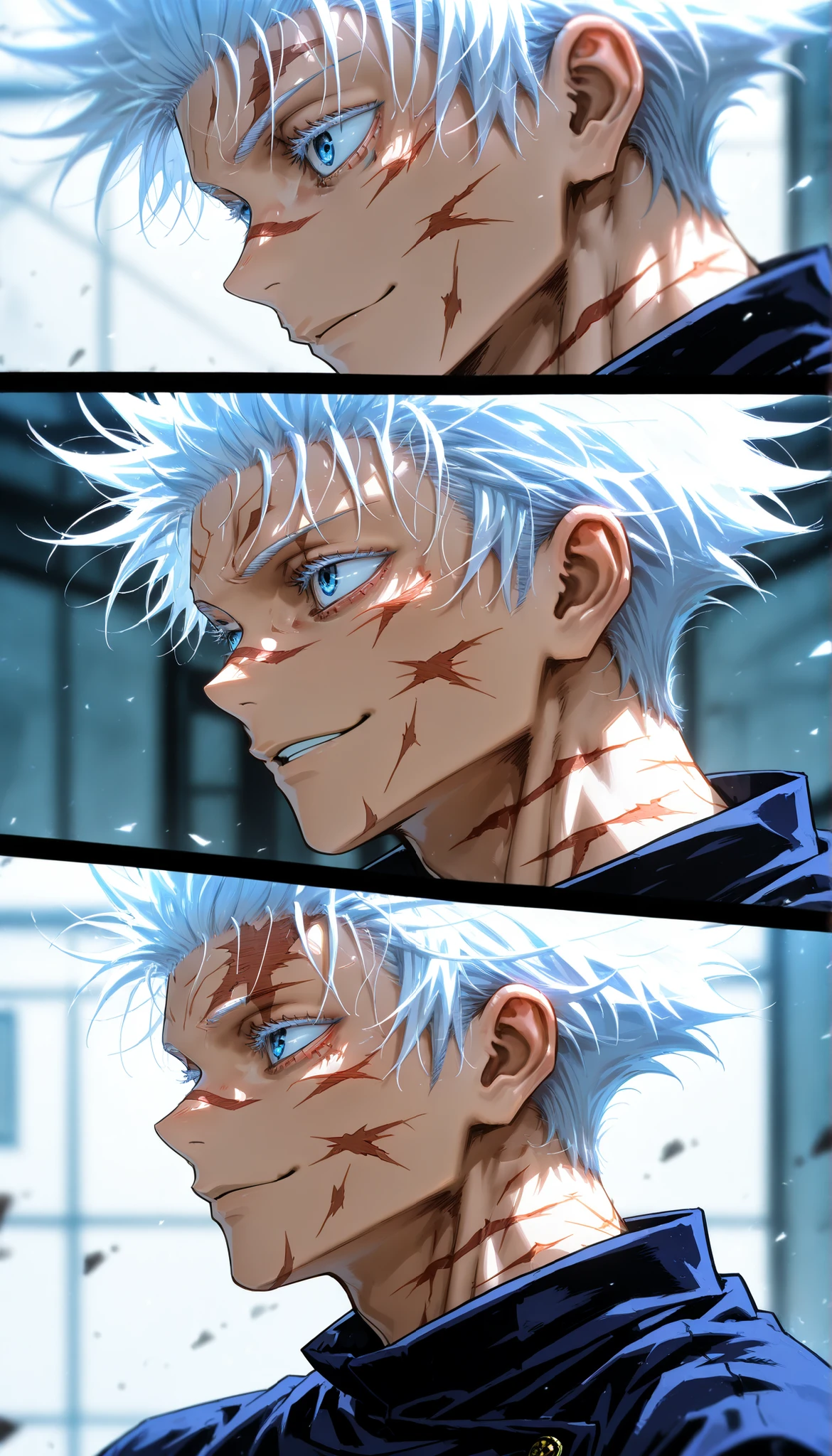 depth of field, high definition image,a lot of details,Gojo de Jujutsu Kaisen ,white hair,blue eyes,facial scars,(many cuts on the face),smile,Determined Look,cuts on the chest and neck,(profile) frontal