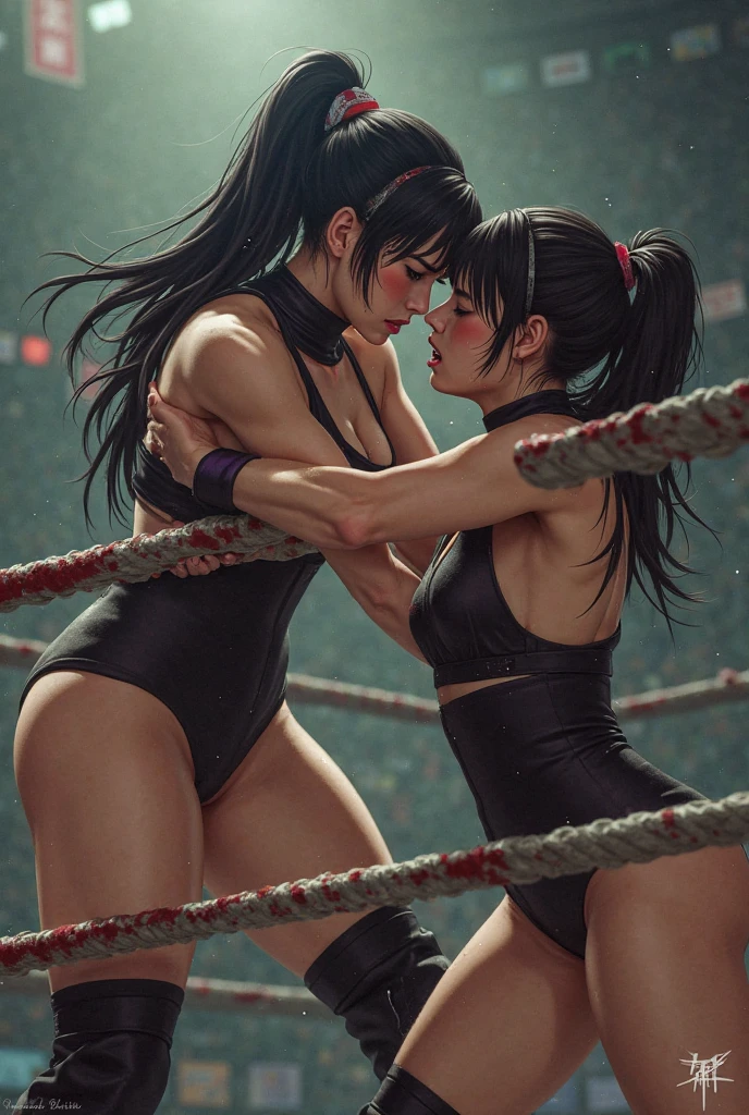They are covered in blood. Small breasts. Intense violence. The opponent's fists are digging into your body. They are glaring at each other. The opponent's face is contorted by his punch. Dynamic action. She is suffering. She is cornered in a wire net and severely beaten by her opponent. She is wearing a sports bra and high-leg panties. Her opponent tries to kill her with a powerful punch. The two are exhausted. Two young and beautiful Japanese mixed martial artists are fighting in the octagon. They are pounding their fists into their opponents' bodies. They are open-mouthed, drooling, one eye closed, gasping for breath. They are sweating profusely. Short-cut black hair. Open-fingered gloves. Erect nipples.
