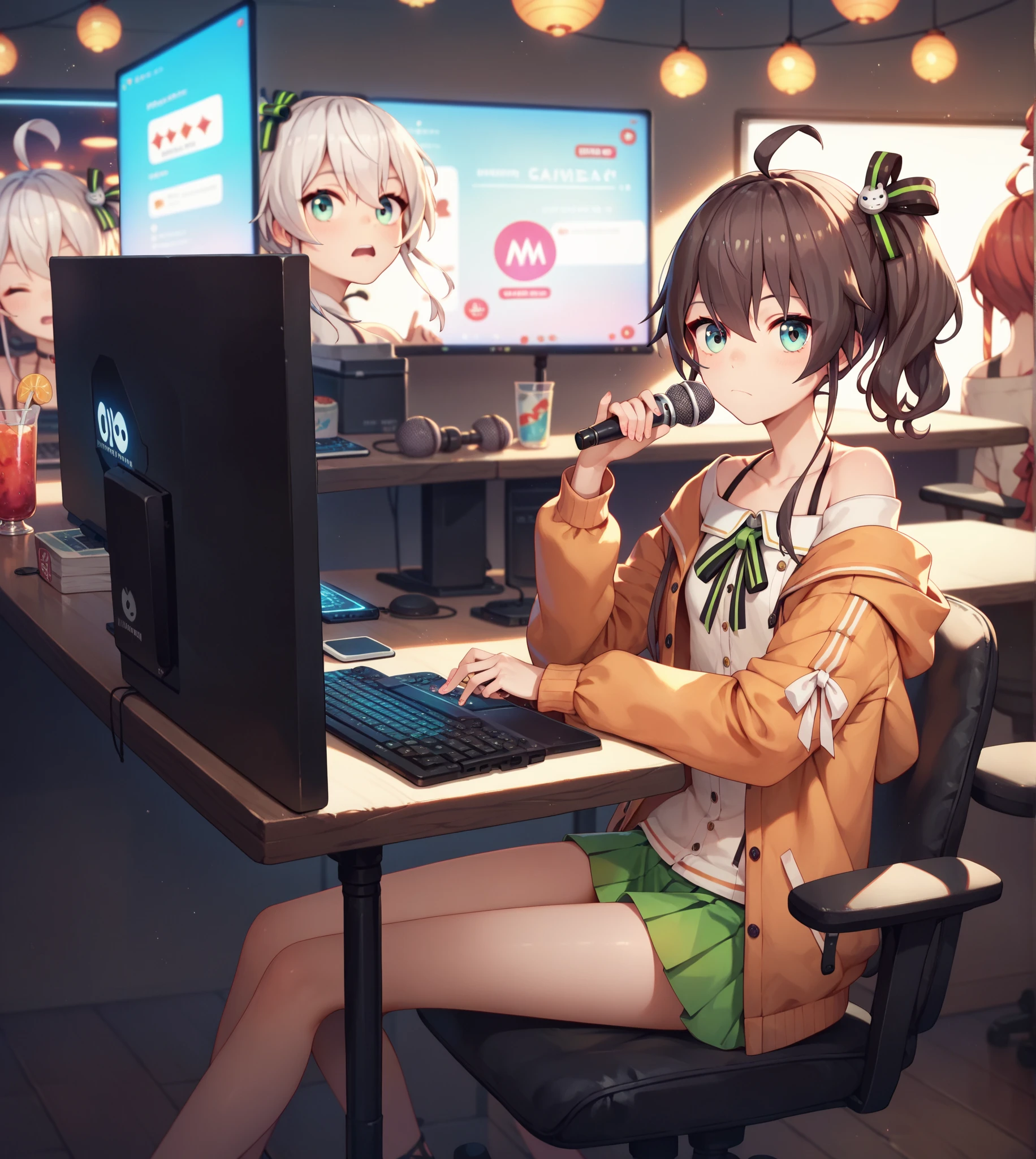  Namatsuri, 1girl, staring at the viewer, Sitting, SCORE_9, SCORE_8_UP, SCORE_7_UP, talking in front of the「summer color festival」。talking in front of the stand microphone which is broadcast online。In the room where the computer is located。