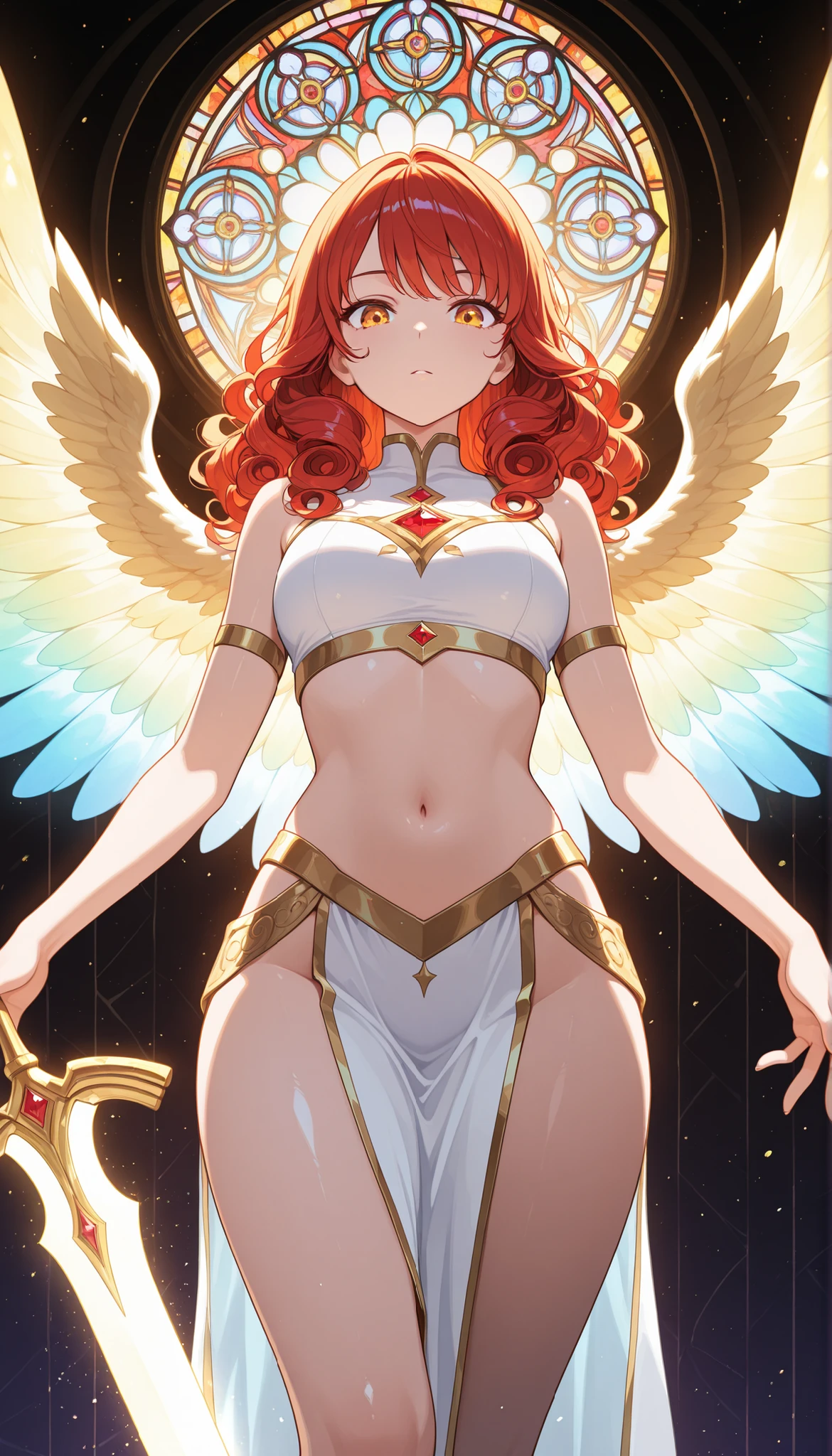 (Masterpiece, Best Quality, High Quality),volumetric lighting, illustration, beautiful,Kousaka honoka, cowboy shot, blue eyes, orange hair, white bodysuit, sexy, goddess wings, gold tiara,on heaven, blue sky, thighs , sexualised, pussy visible