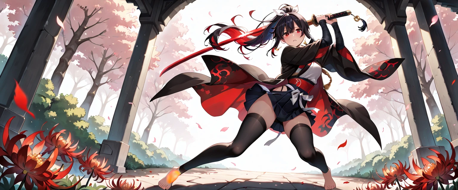 Female ninja with shoulder blades, Asian, Long black hair, Brown eyes, Hooded, tights, Ninja costume, Cherry blossom background, Japan