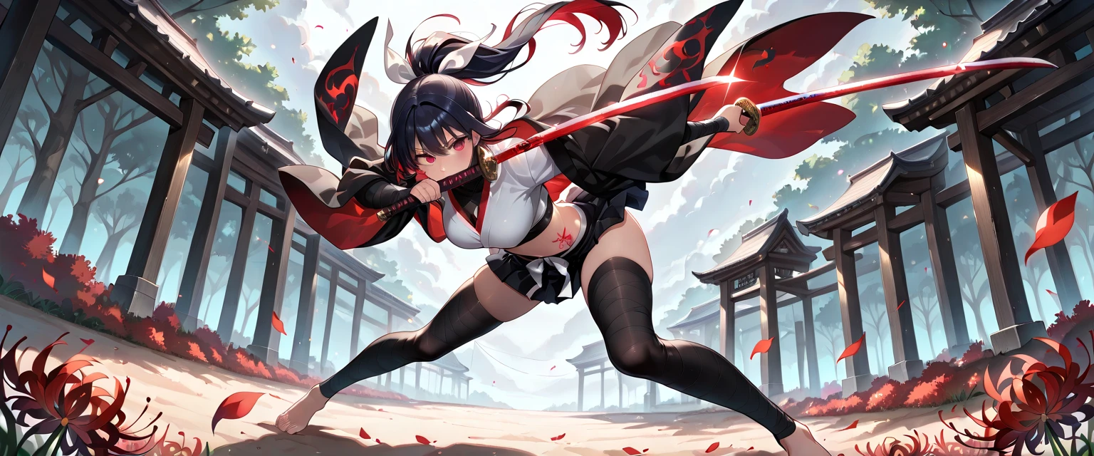 masterpiece、highest quality、Full body female、One Girl、Female Ninja Style Costume、Holding a Japanese sword,Under the cherry tree、Toned body、ponytail、Black Hair、Eyes and facial details、Sharp pupils