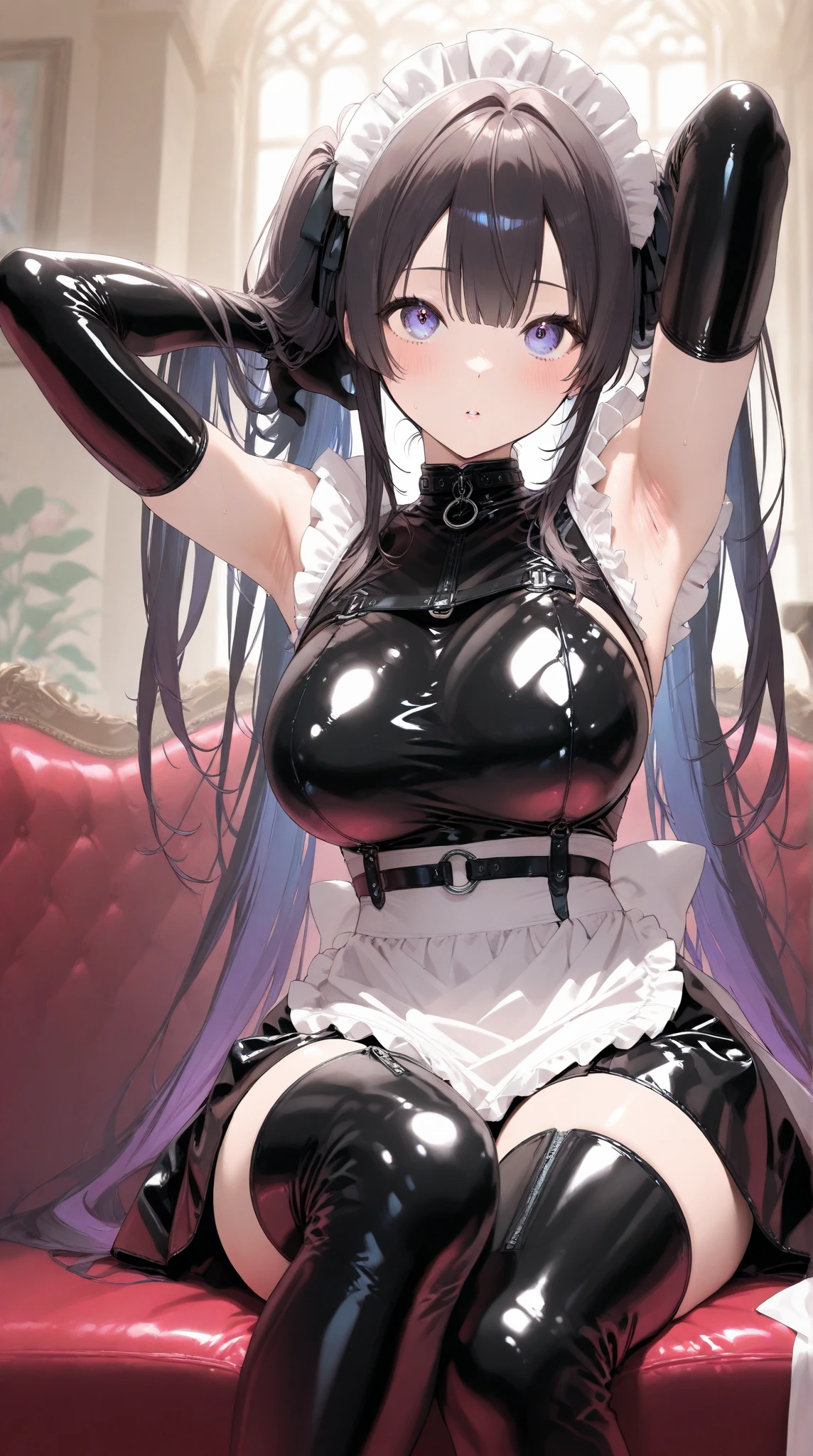 high quality, masterpiece, Super detailed, 1 girl, Extremely detailed faces, gagged,Christmas black latex full body suit,black gloves,black christmas stockings,Maid tiara,gagged,BDSM,handcuffs,collar,calm expression,Smile,handcuffs,collar,long black hair, charming pink eyes, fox ears, Ridiculously big, shiny skin, sitting on the snow,Cover your chest with your hands,Bright Christmas night scene