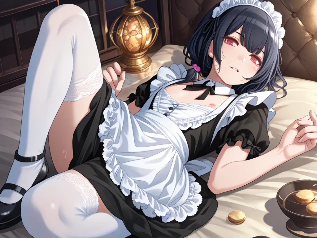 masterpiece, ultra detailed, 8k portrait, RAW photo, portrait photography, highly detailed face, beautiful and meticulous eyes, smile, dark blue hair, long hair, blue eyes, slender, white hair ribbon, (dark blue French maid costume:1.5), white tights, half boots, hands up, spread legs, squatting on teapot, (holding a tea set:1.5), by the old castle, in mid night, from behind, (no panties:1.5), (realistic pussy:1.5), pubic hair, (piss into the teapot:1.5),