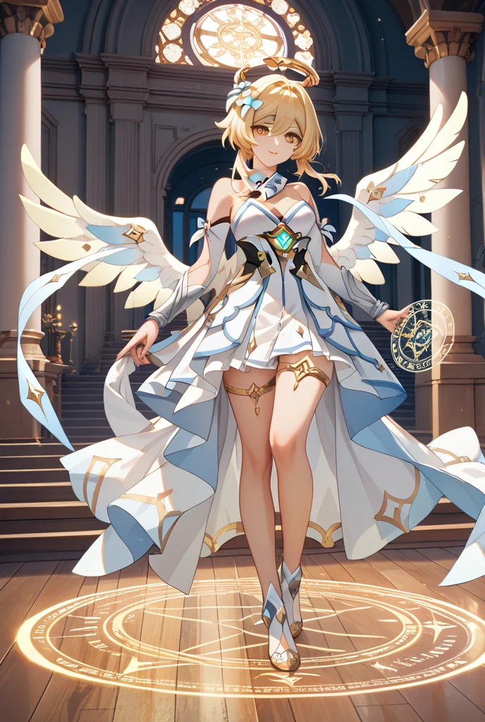 a close up of a person in a dress with a sword, fantasy outfit, astral fairy, wearing angel halo, Albinomistic, Cotton Cloud Mage Robe, wearing seashell attire, aion, glowing angelic being, Peacock mage themed clothing, angel knight girl, infernal nymph!!!, A presence like rippling air, epic angel wings, wearing angel
