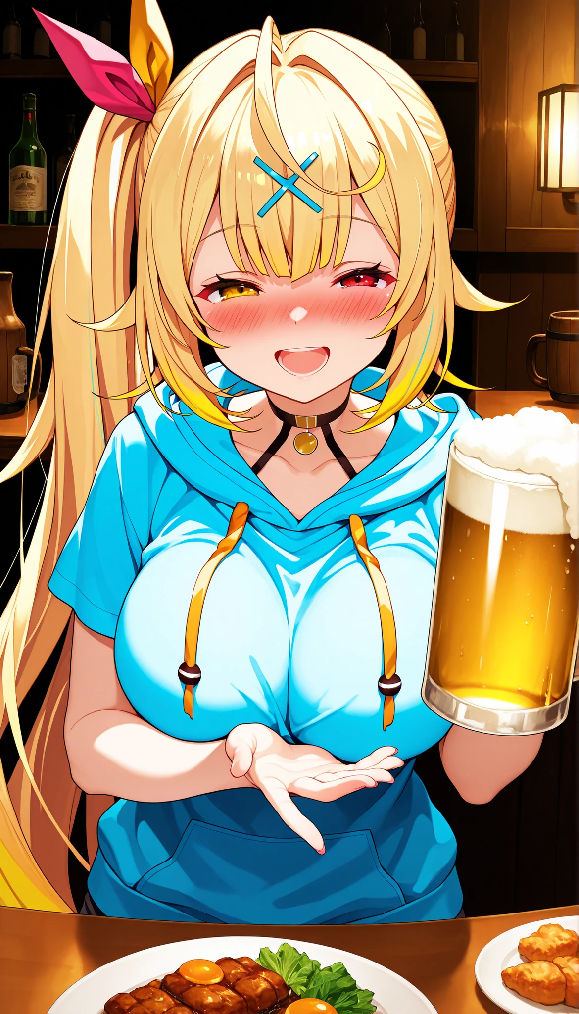 nsfw:1.5, Top quality, masterpiece, ultra high resolution, , (top quality, high resolution, 4K, detailed lighting, shaders, perfect anatomy, perfect proportions), eye of the beholder, (masterpiece, top quality) (top quality, 4K, 8K, high resolution, masterpiece: 1.2), highly detailed, (masterpiece: 1.3, top quality, ultra high resolution, ultra detailed), (top quality: 1.2), perfect eyes, perfect face, perfect lighting, (top quality, 4K, 8K, high resolution, masterpiece: 1.2), highly detailed, (top quality, 4K, 8K, high resolution, masterpiece: 1.5), highly detailed, masterpiece, top quality, ultra detailed, top quality, high resolution, 32K CG, very delicate and beautiful, illustration, high resolution, sharp focus, front lighting, glow, girl 1 person, solo, smiling, very beautiful and detailed anime face, very detailed eyes, ((masterpiece)), ((best quality)), (super detailed), ((cute)), cute, ((very detailed)), 4K, (8K), best quality, (best quality, 8K, 32k, masterpiece, super high resolution, very detailed, impressionistic:1.2), blurred background, (two arms) , (two legs), (four fingers and 1 thumb), Best quality , only one belly button, Bare shoulders.
(Beautiful girl). (German: 1.4). (Blue and white dirndl: 2). (Sitting: 1.2). (Crossed legs: 1.2). (Multiple beer mugs in each hand: 1.3). (Tilting head: 1.2). (Beautiful face: 1.2). (Cute). (Shiny blonde hair). (Braids: 1.4). (Swept back bangs to show forehead: 1.3). (Tan lines: 1.4). (Beautiful blue-green eyes). Smiling happily: 1.2. Embarrassed: 1.2. (Topless: 1.8). (Breasts and nipples not covered: 1.8). (Small pink nipples: 1.7). (Big boobs: 2). (Full boobs: 1.7). (Nice breasts: 1.6). (Cleavage: 1.2). (Neat waist). (Slender body). (Beautiful butt). (Realistic Facial Expressions: 1.6). (Realistic Skin Texture: 1.6). (White Choker: 1.3). (Necklace: 1). (Bracelet: 1). (Anklet). (Oktoberfest: 1). (Realistic Backgrounds: 1).