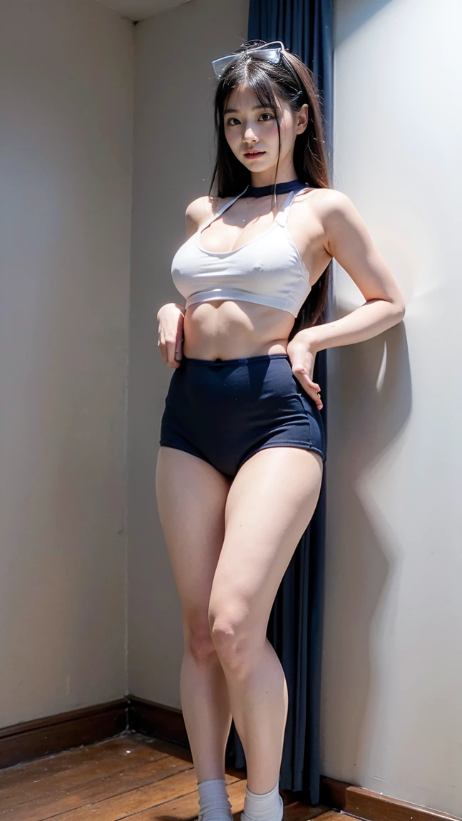 (In the daytime, Need, 8K, tmasterpiece:1.3)), full bodyesbian, Long legs, Focalors:1.2, perfect figure beautiful woman:1.4, Skinny legs,Slim abs:1.1, ((Dark brown hair, huge tit:1.2 )), (white tight t-shirt, Exposed underwear, standing on your feet:1.2), ((城市, with blue sky and white clouds:1.3)), Highly detailed facial and skin texture, A detailed eye, 二重まぶた,Flying long hair