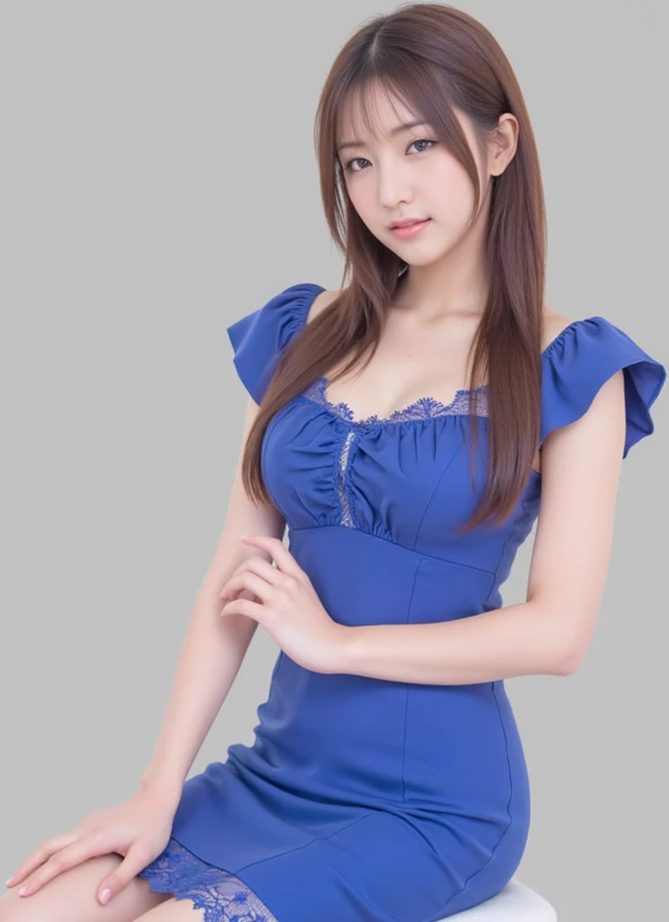 (top-quality、ultra-detailliert、high-resolution illustrations、Ultra-high-definition CG、Hostess woman in blue dress:1.2、Realism、coustics、Skin quality improvement、reality、masterpiece:1.2、high detal、in 8K、35mm lens、Photorealsitic: 1.37、Lens Flare)、nightclubs、Full body portfolio、beautiful smiling face、168cm、20yr old、Slender face:1.3、((Long hair))、、((Fashion Model Posing))、agony:1.3